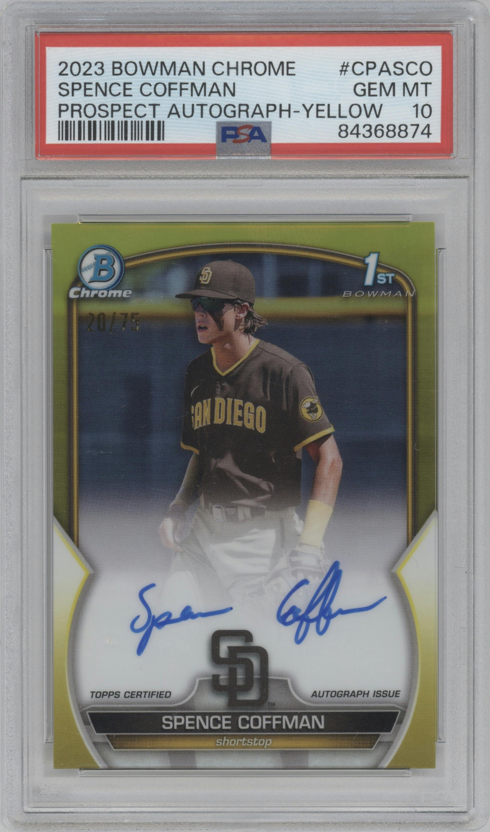 Spence Coffman from the 2023 Bowman Chrome set featuring a Yellow Refractor parallel graded by PSA and given an overall grade of 10.