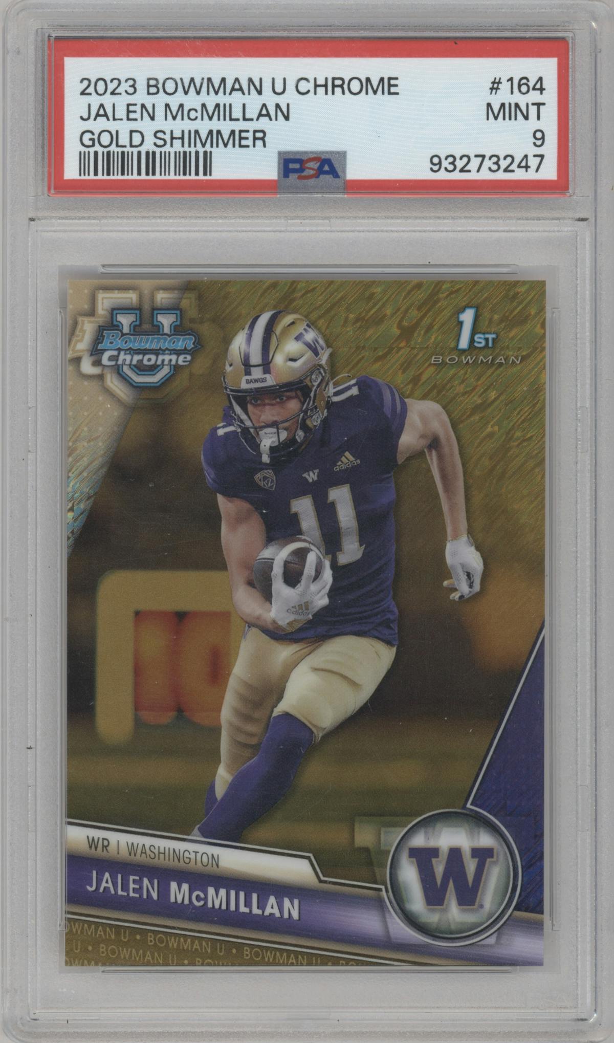 Jalen McMillan from the 2023 Bowman Chrome University set featuring a Gold Shimmer parallel graded by PSA and given an overall grade of 9.