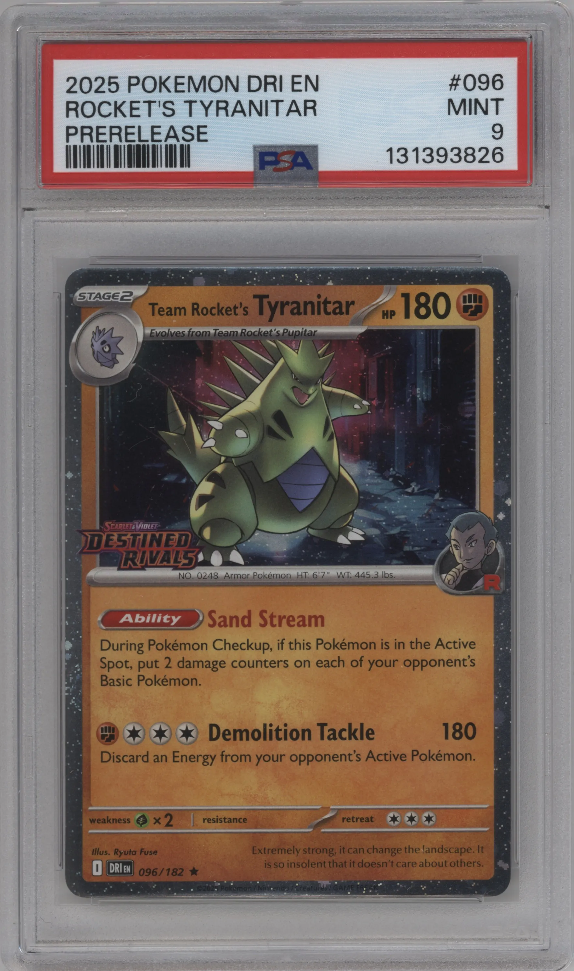 2025 Pokemon SV Destined Rivals Team Rocket's Tyranitar Prerelease #096 PSA 9