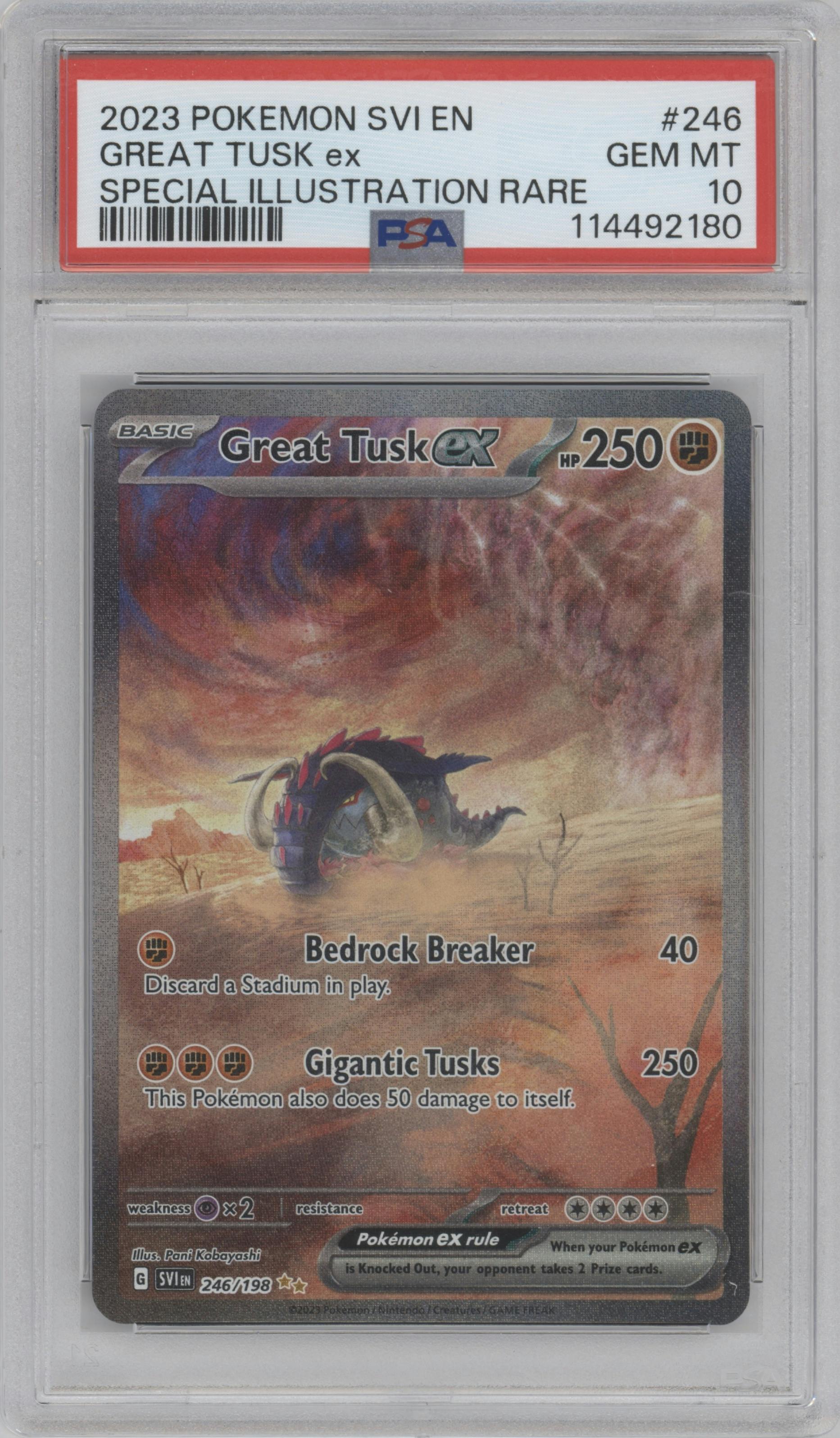 Great Tusk EX from the 2023 Pokemon SV set graded by PSA and given an overall grade of 10.