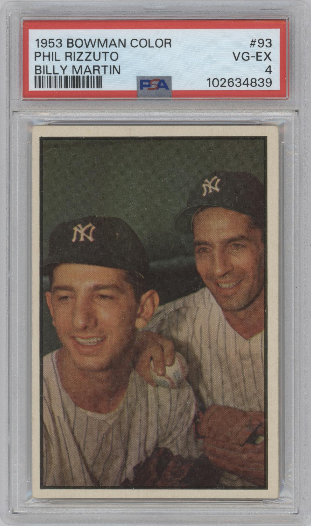 Phil Rizzuto/Billy Martin from the 1953 Bowman Color set graded by PSA and given an overall grade of 4.