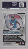 Brian Thomas Jr. from the 2024 Panini Prizm set featuring a Blue Wave Prizm parallel graded by PSA and given an overall grade of 9.