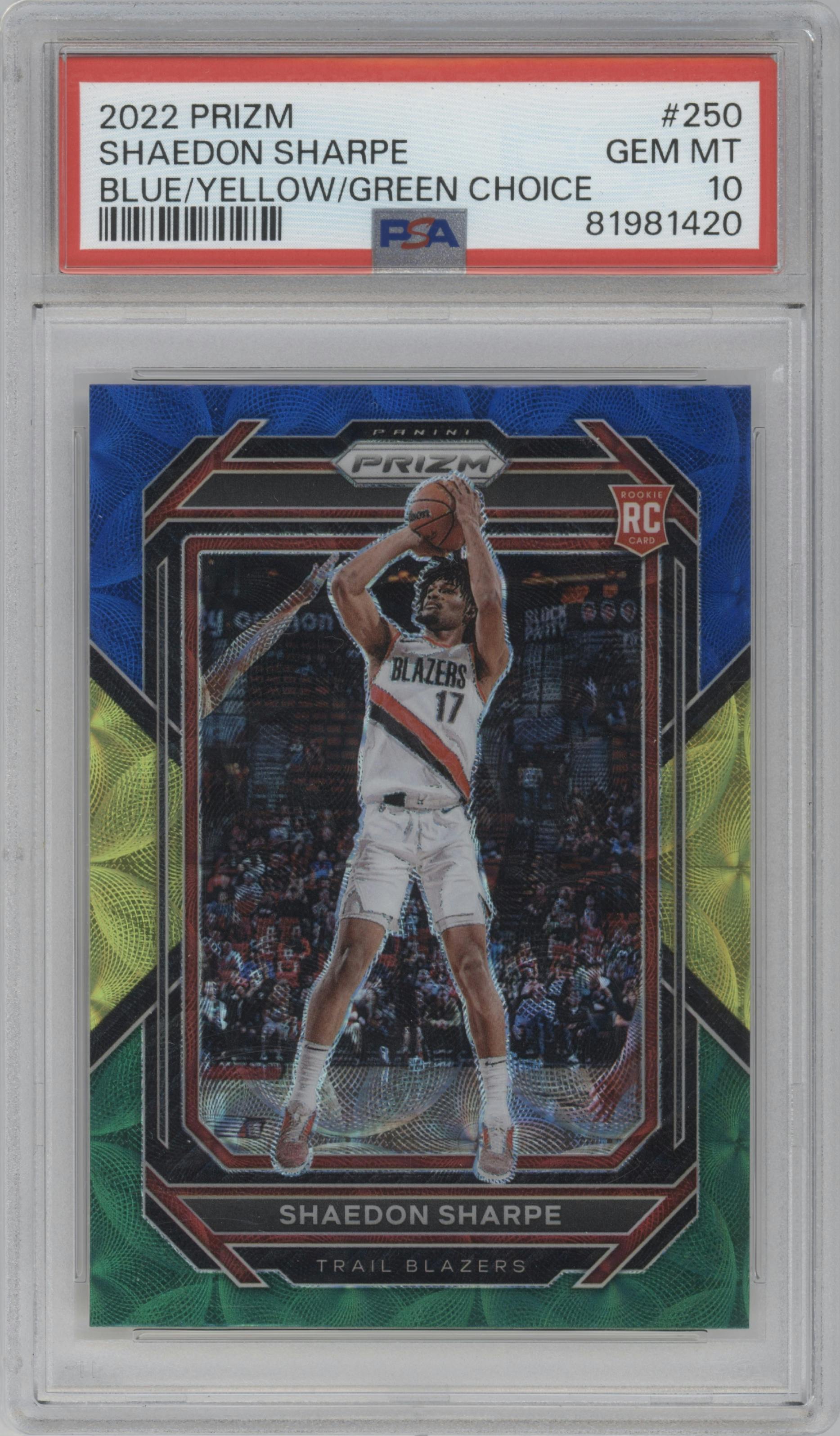 Shaedon Sharpe from the 2022-23 Panini Prizm  set featuring a Choice Blue/Yellow/Green parallel graded by PSA and given an overall grade of 10.