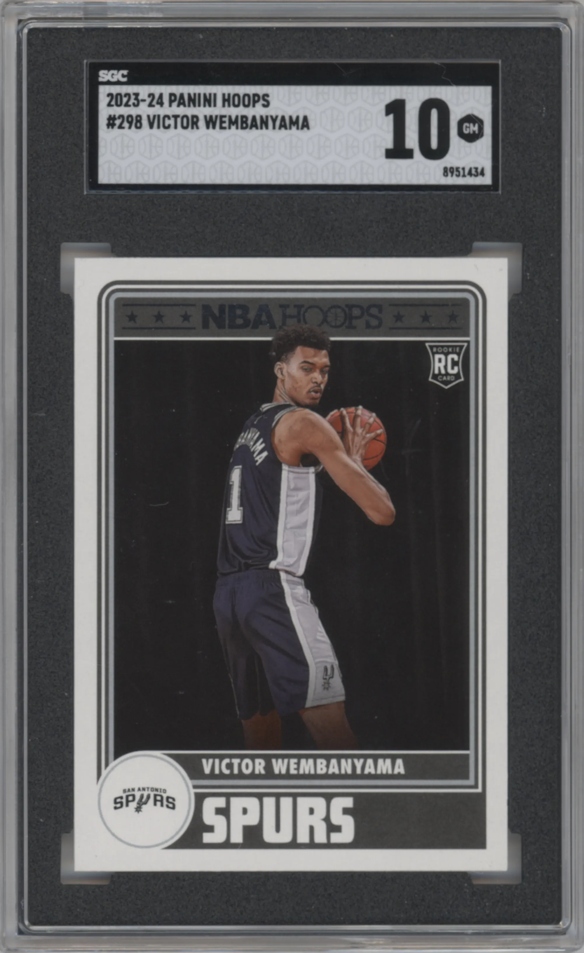 Victor Wembanyama from the 2023-24 Panini NBA Hoops set graded by SGC and given an overall grade of 10.