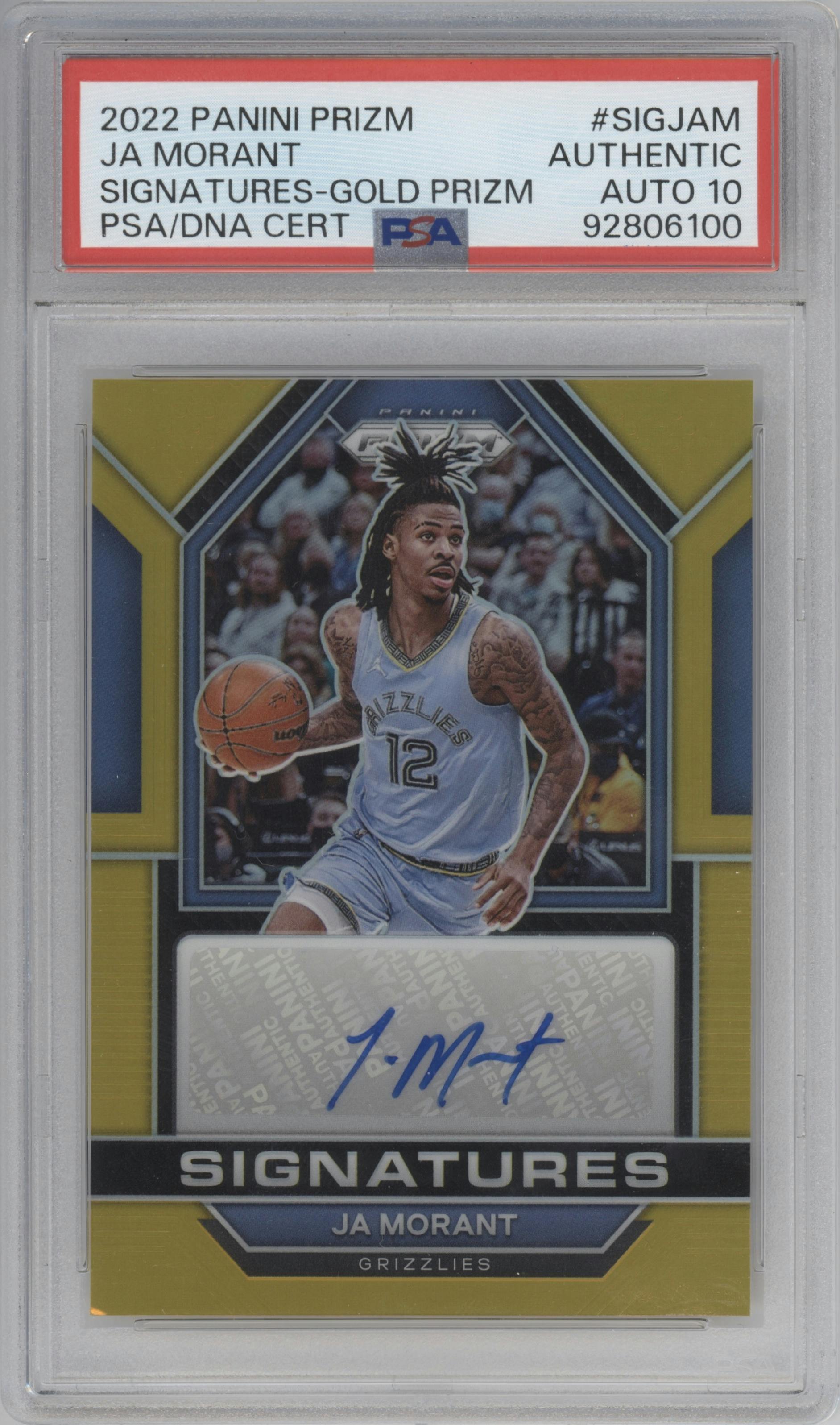Ja Morant from the 2022-23 Panini Prizm  set featuring a Gold Prizm parallel graded by PSA.