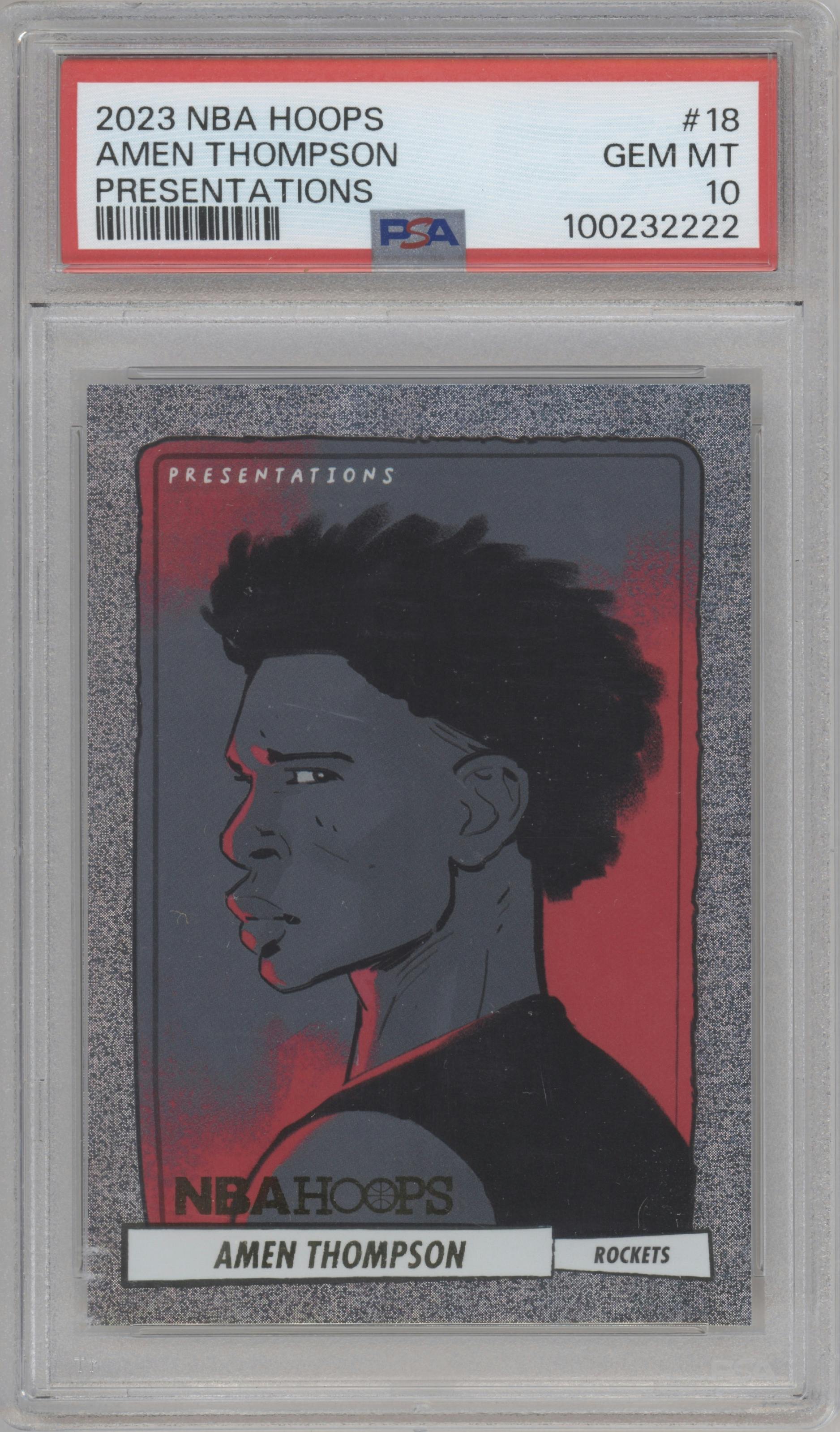 Amen Thompson from the 2023-24 Panini NBA Hoops set graded by PSA and given an overall grade of 10.