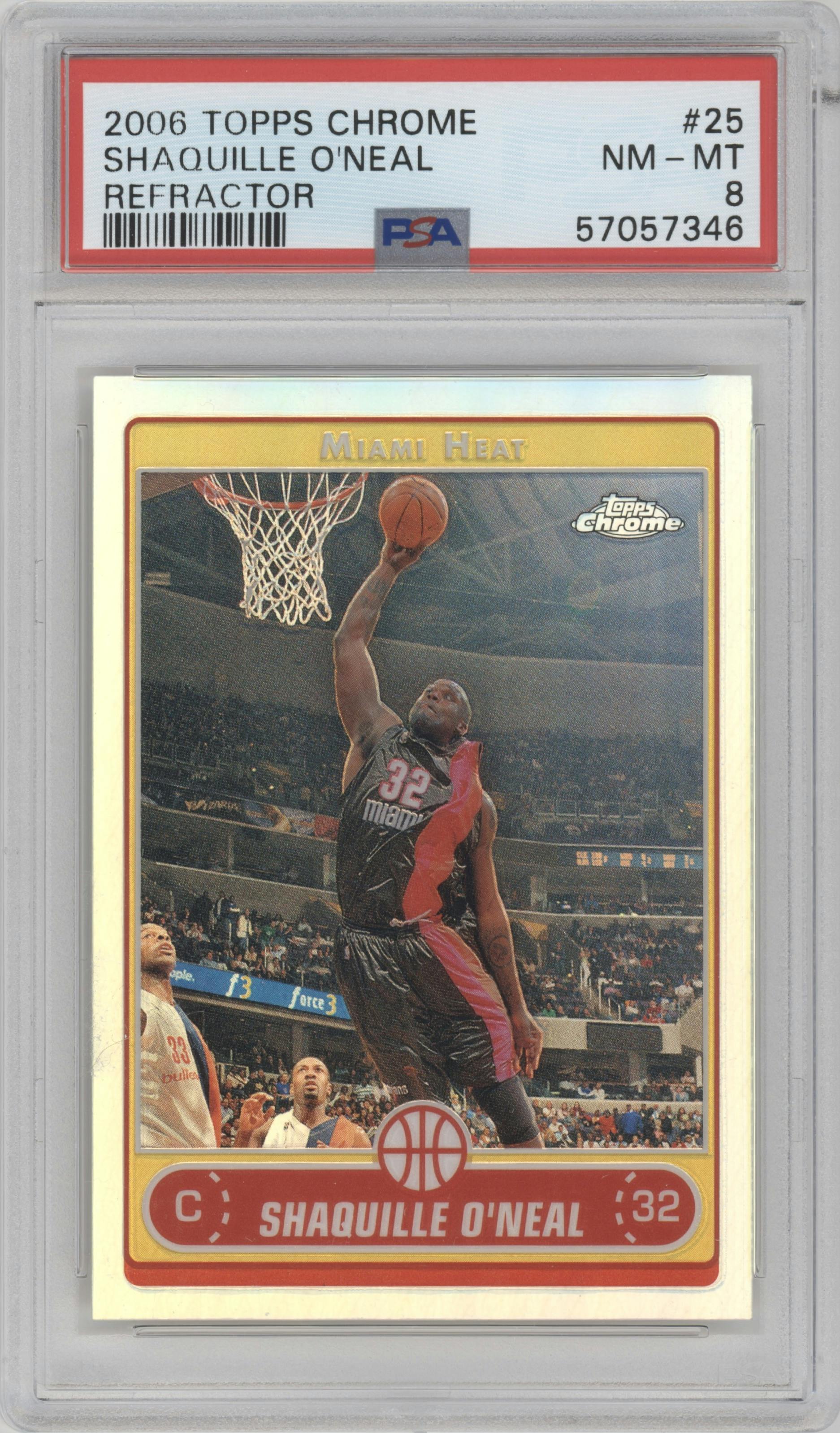 Shaquille O'Neal from the 2006-07 Topps Chrome set featuring a Refractor parallel graded by PSA and given an overall grade of 8.