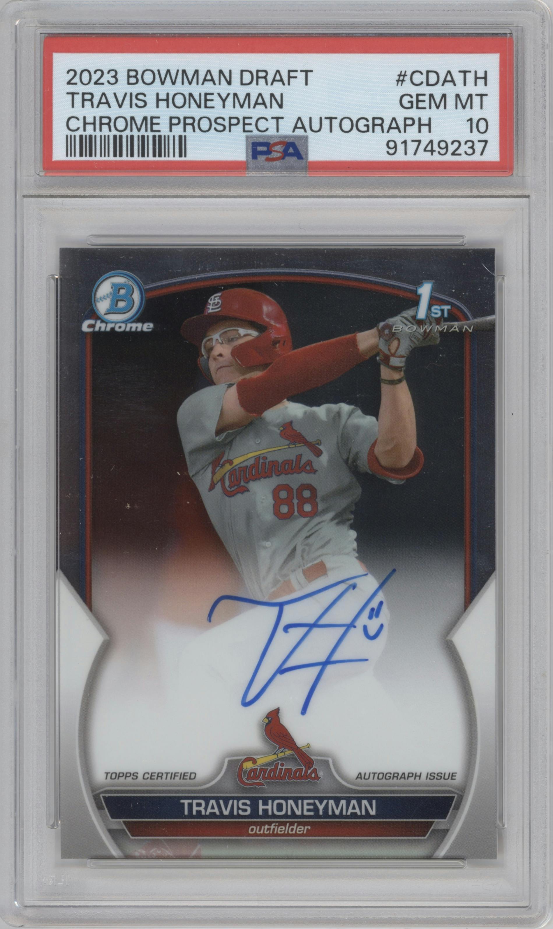 Travis Honeyman from the 2023 Bowman Draft set graded by PSA and given an overall grade of 10.