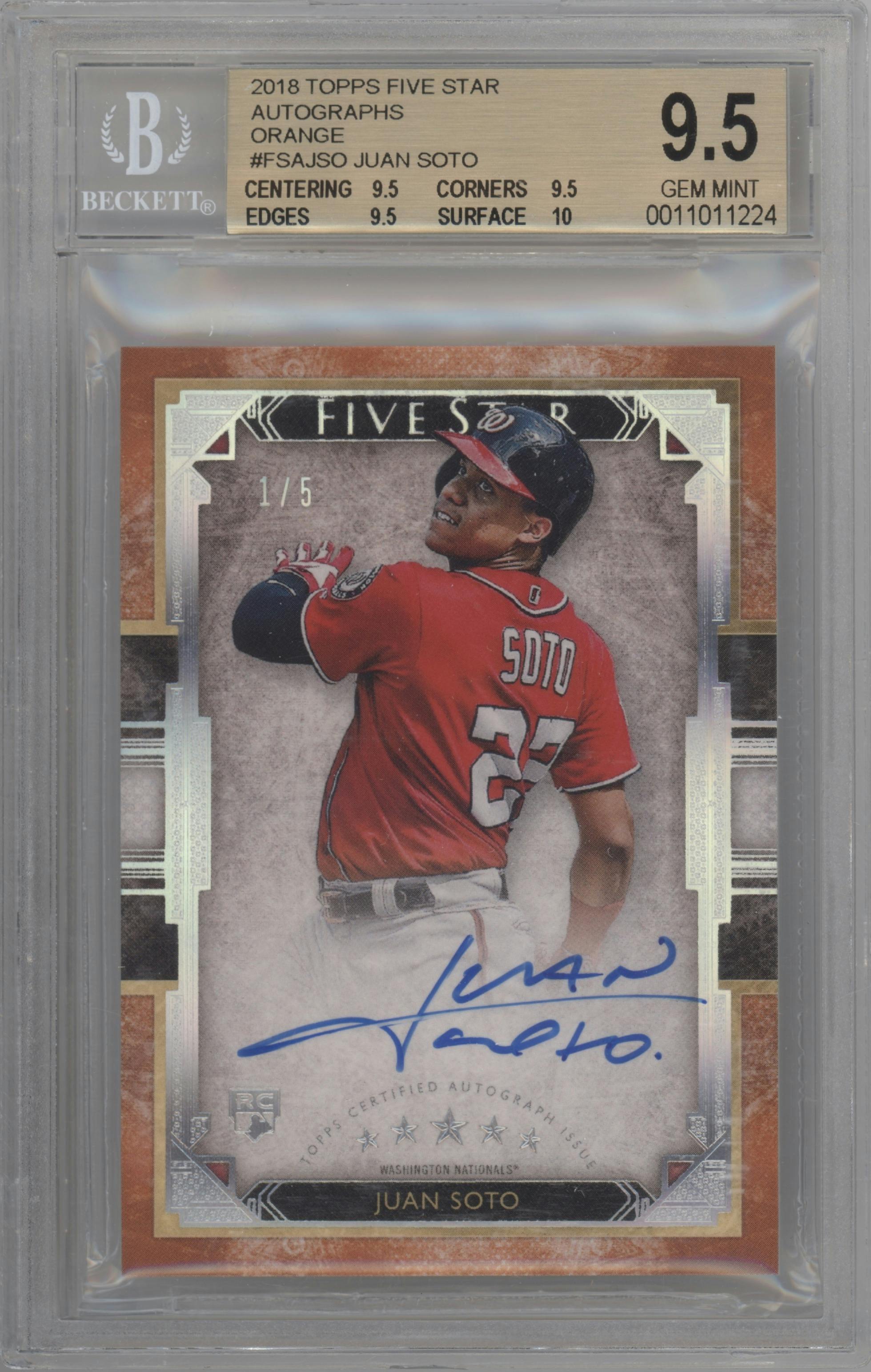 Juan Soto from the 2018 Topps Five Star set featuring a Orange parallel graded by Beckett and given an overall grade of 9.5.