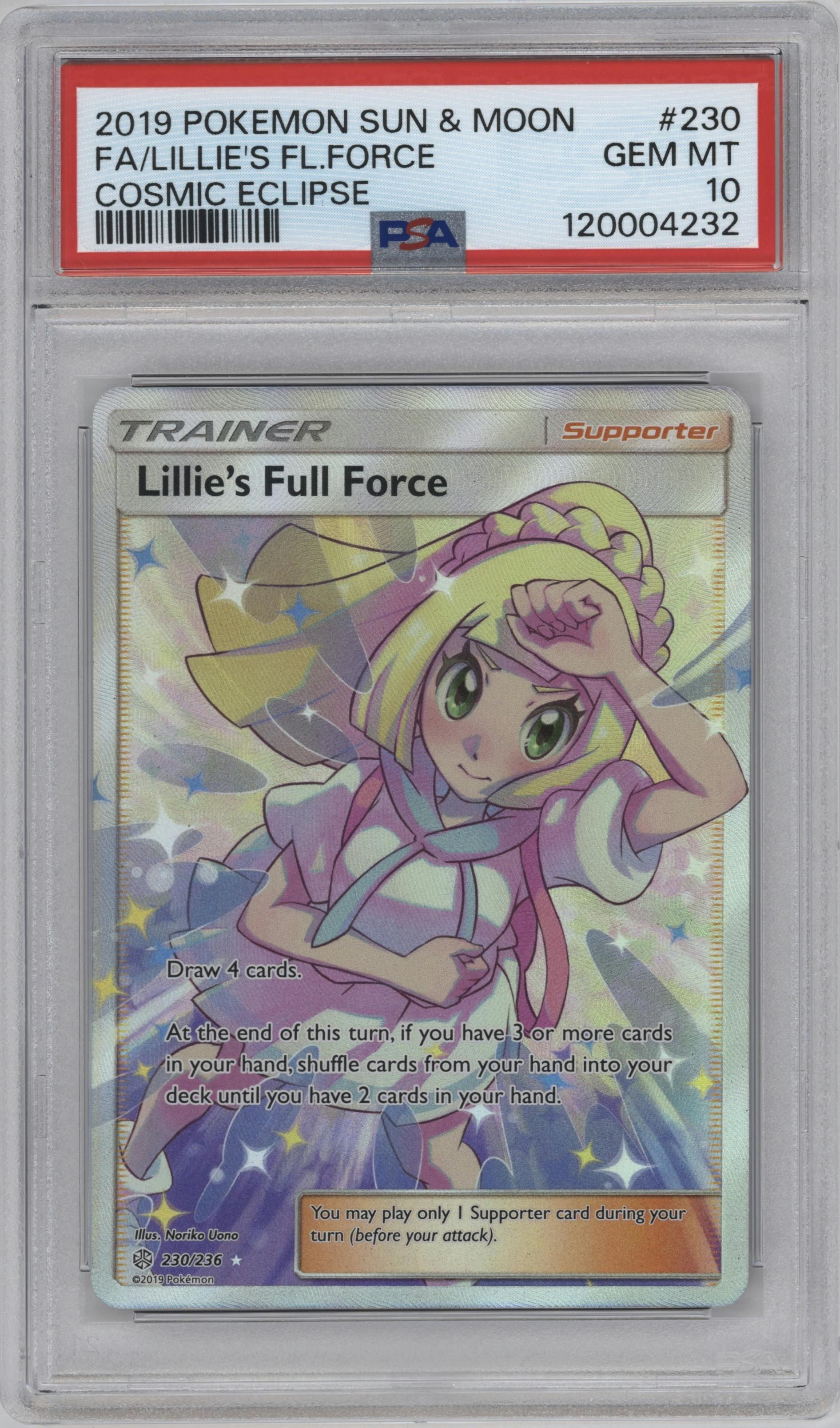 Lillie's Full Force from the 2019 Pokemon S&M  set graded by PSA and given an overall grade of 10.