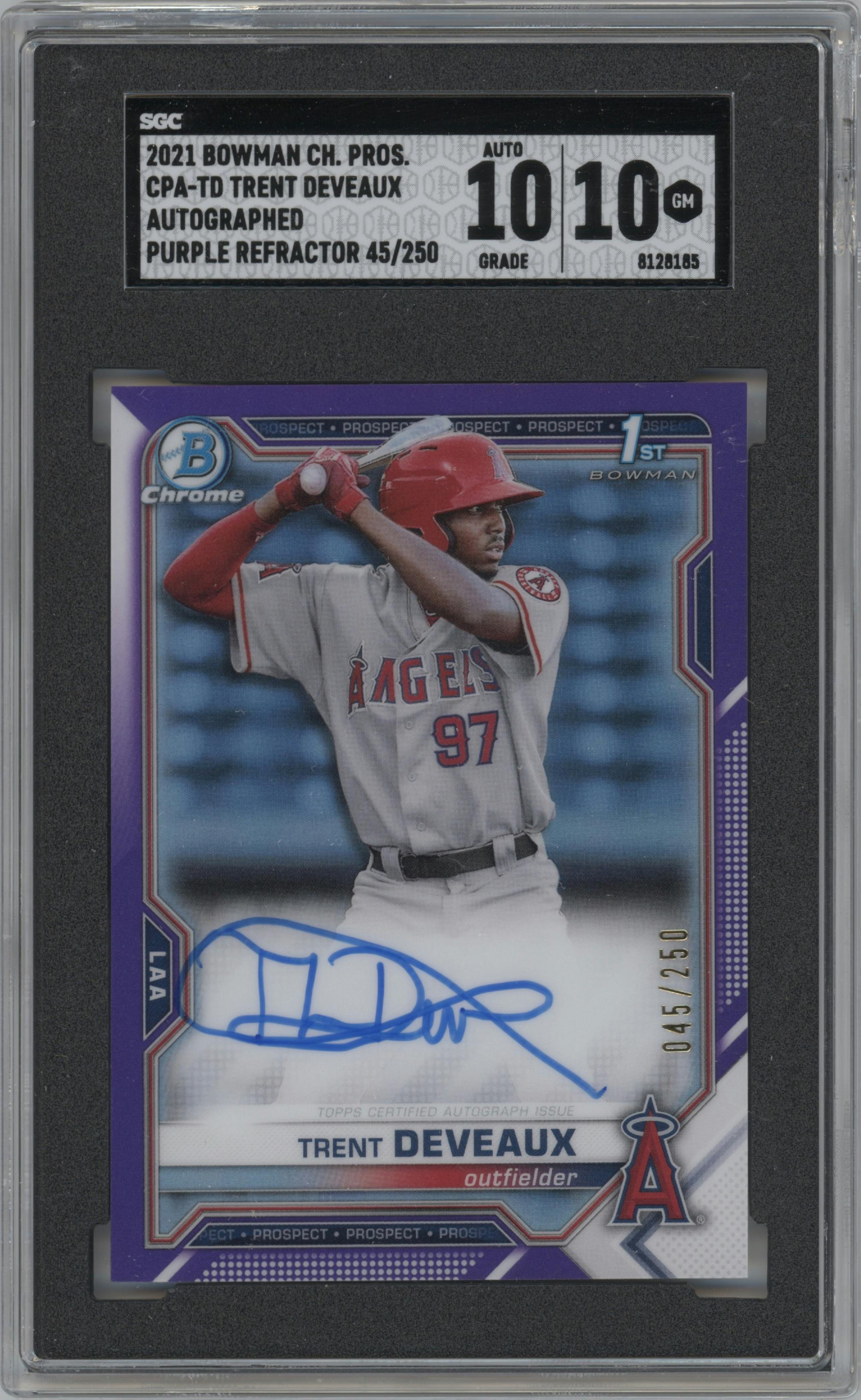 Trent Deveaux from the 2021 Bowman set featuring a Purple Refractor parallel graded by SGC and given an overall grade of 10.