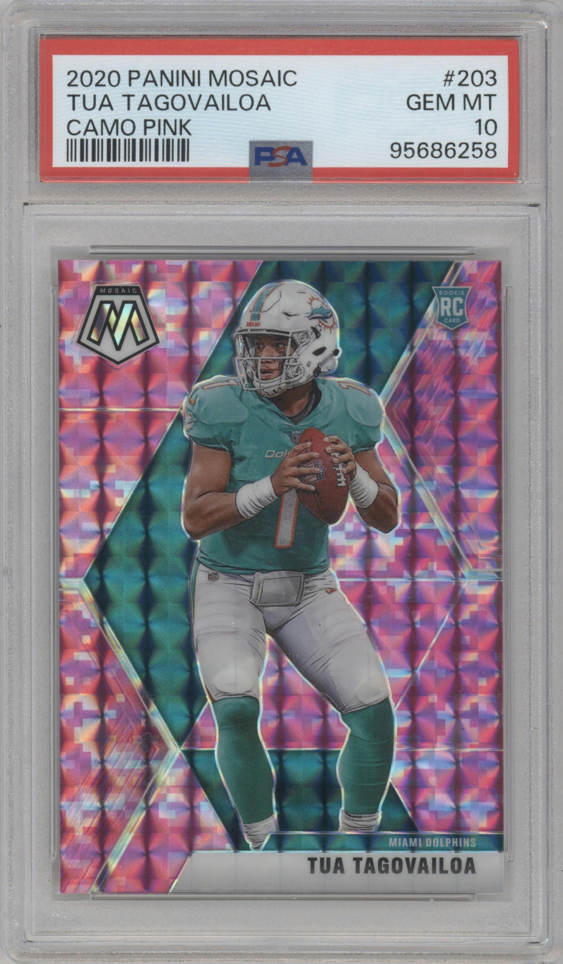 Tua Tagovailoa from the 2020 Panini Mosaic set featuring a Pink Camo parallel graded by PSA and given an overall grade of 10.