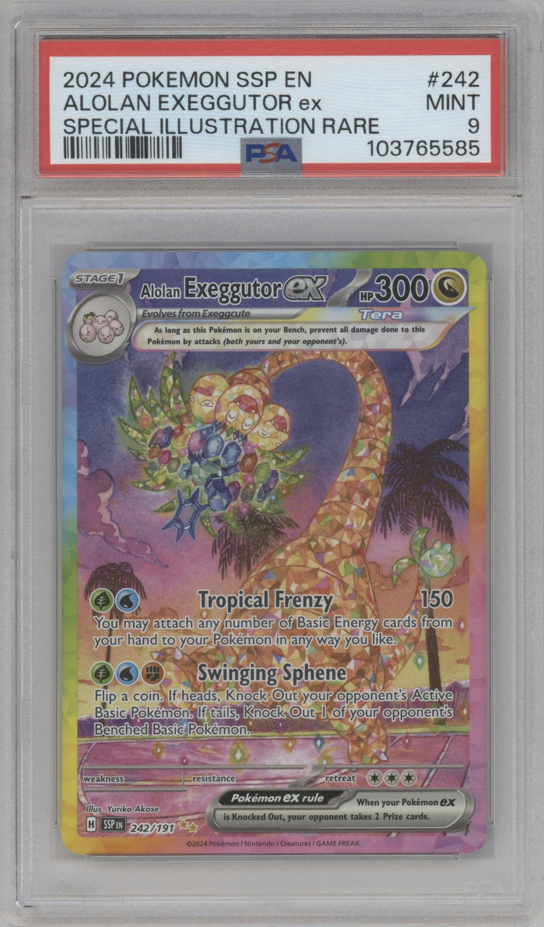 Alolan Exeggutor ex from the 2024 Pokemon SV set graded by PSA and given an overall grade of 9.