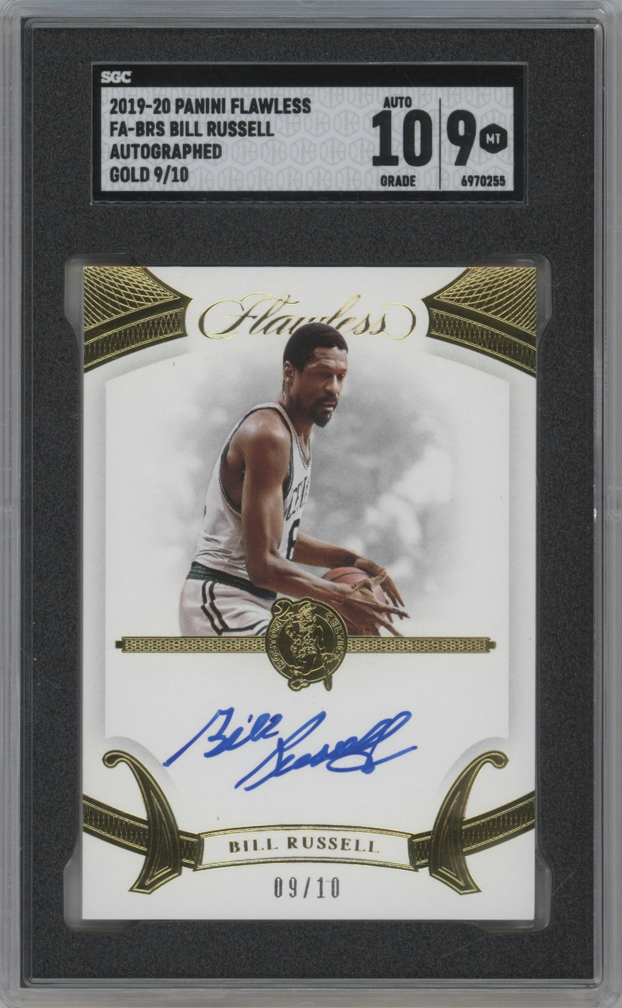 Bill Russell from the 2019-20 Panini Flawless set featuring a Gold parallel graded by SGC and given an overall grade of 9.