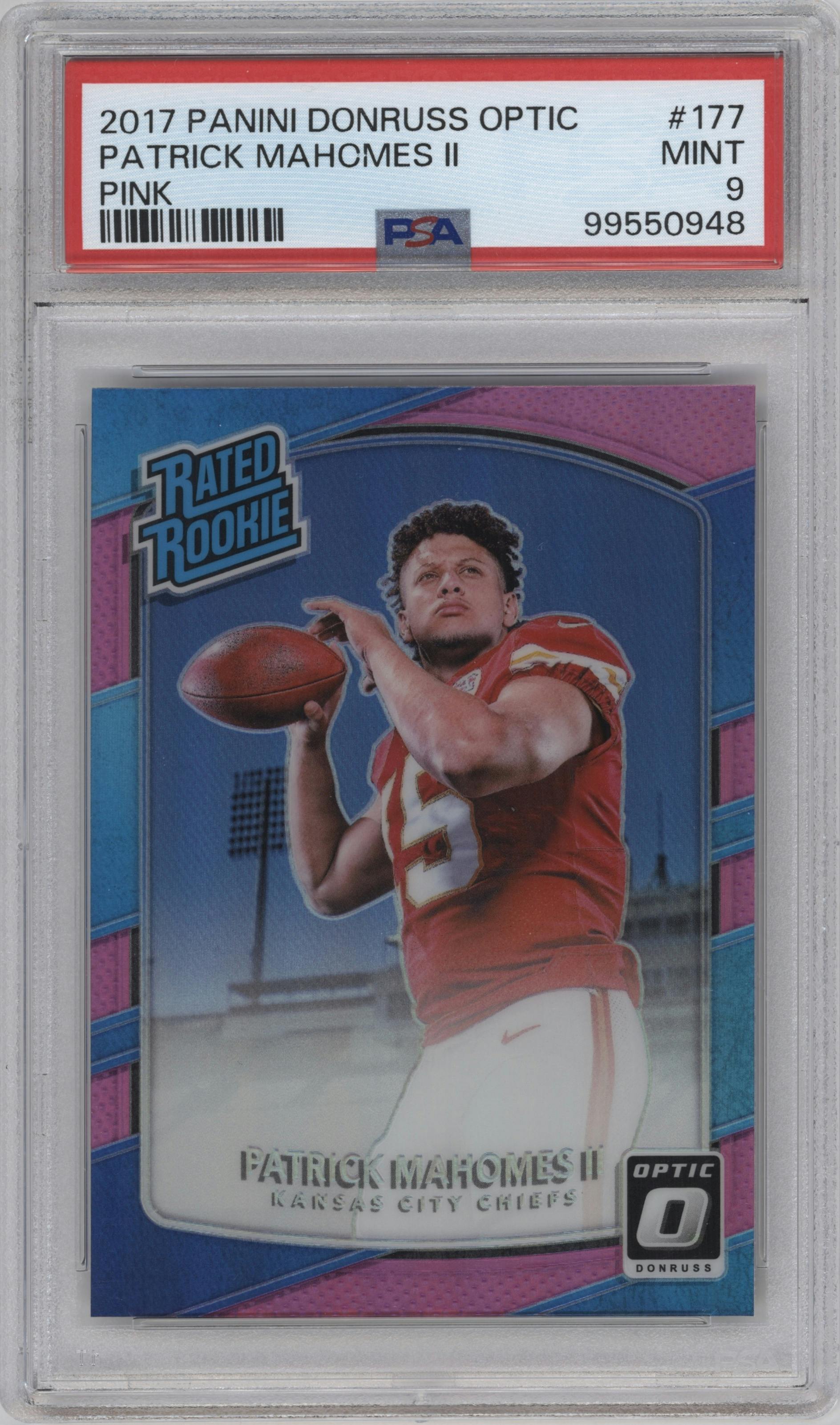 Patrick Mahomes II from the 2017 Panini Donruss Optic set featuring a Pink parallel graded by PSA and given an overall grade of 9.