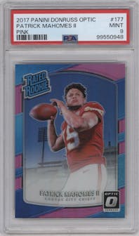 Patrick Mahomes II from the 2017 Panini Donruss Optic set featuring a Pink parallel graded by PSA and given an overall grade of 9.