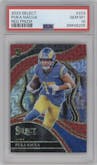 Puka Nacua from the 2023 Panini Select set featuring a Red Prizm parallel graded by PSA and given an overall grade of 10.