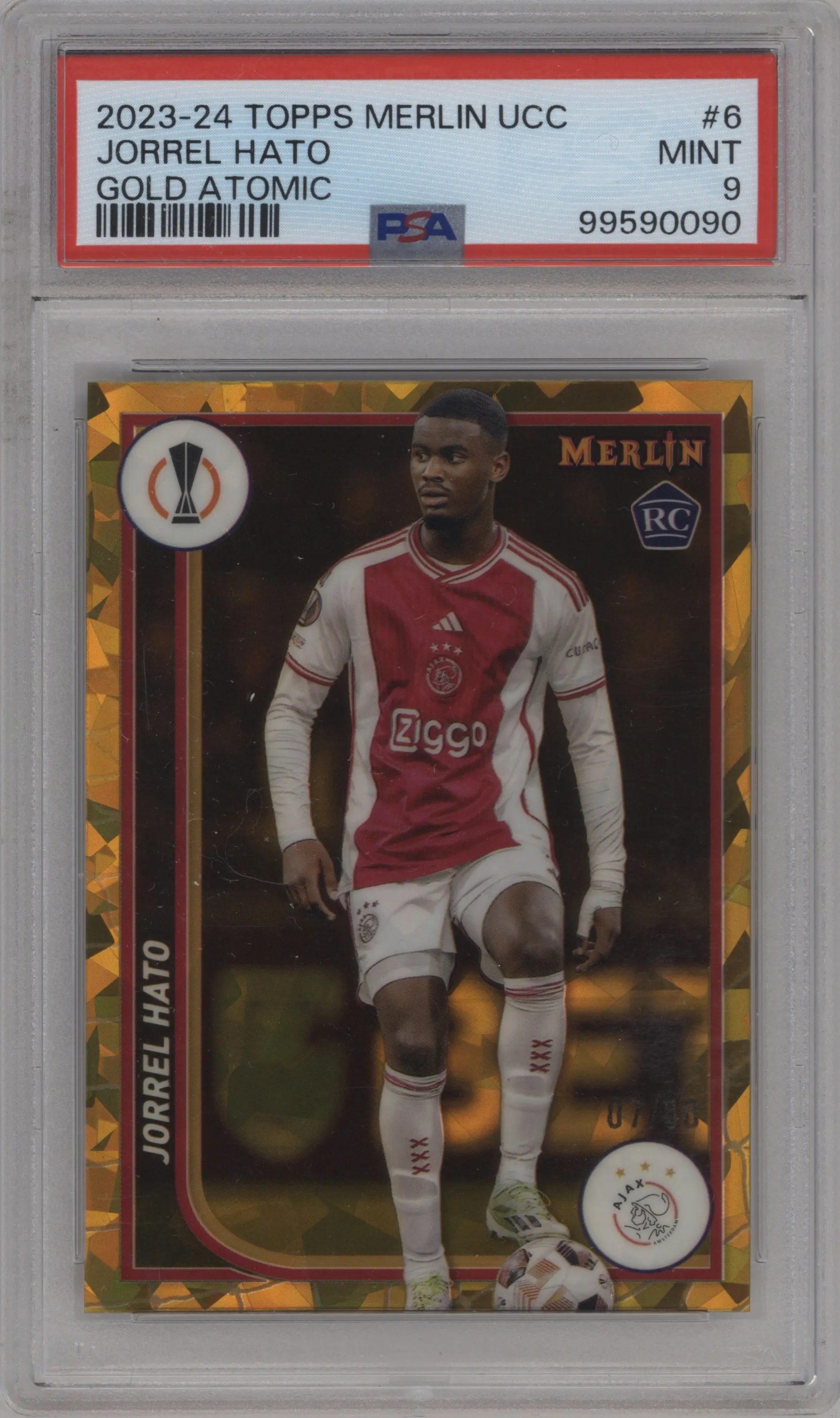 2023 Topps Merlin UEFA Club Competitions Jorrel Hato Gold Atomic Refractor PSA 9