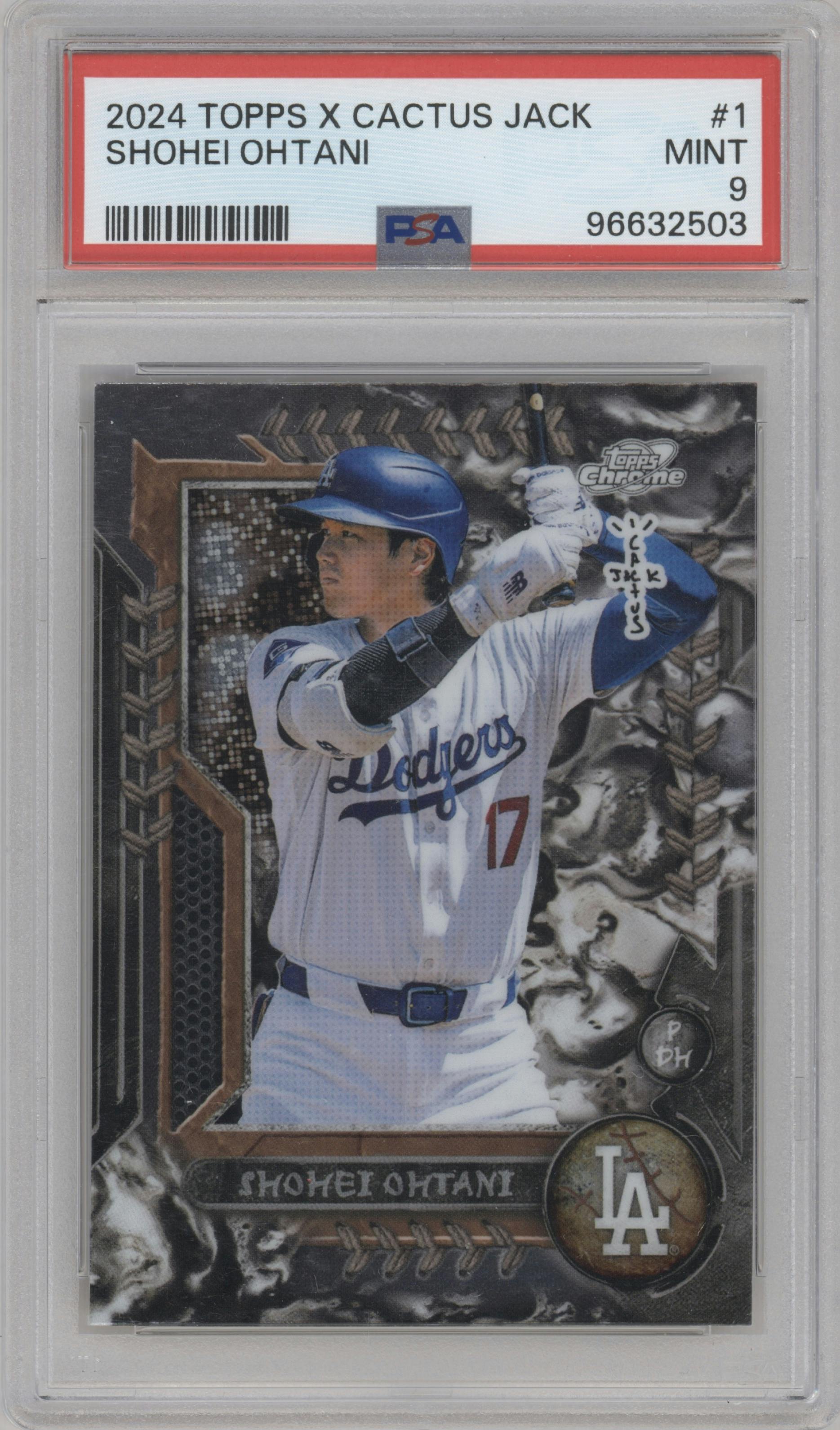 Shohei Ohtani from the 2024 Topps Cosmic Chrome x Cactus Jack set graded by PSA and given an overall grade of 9.