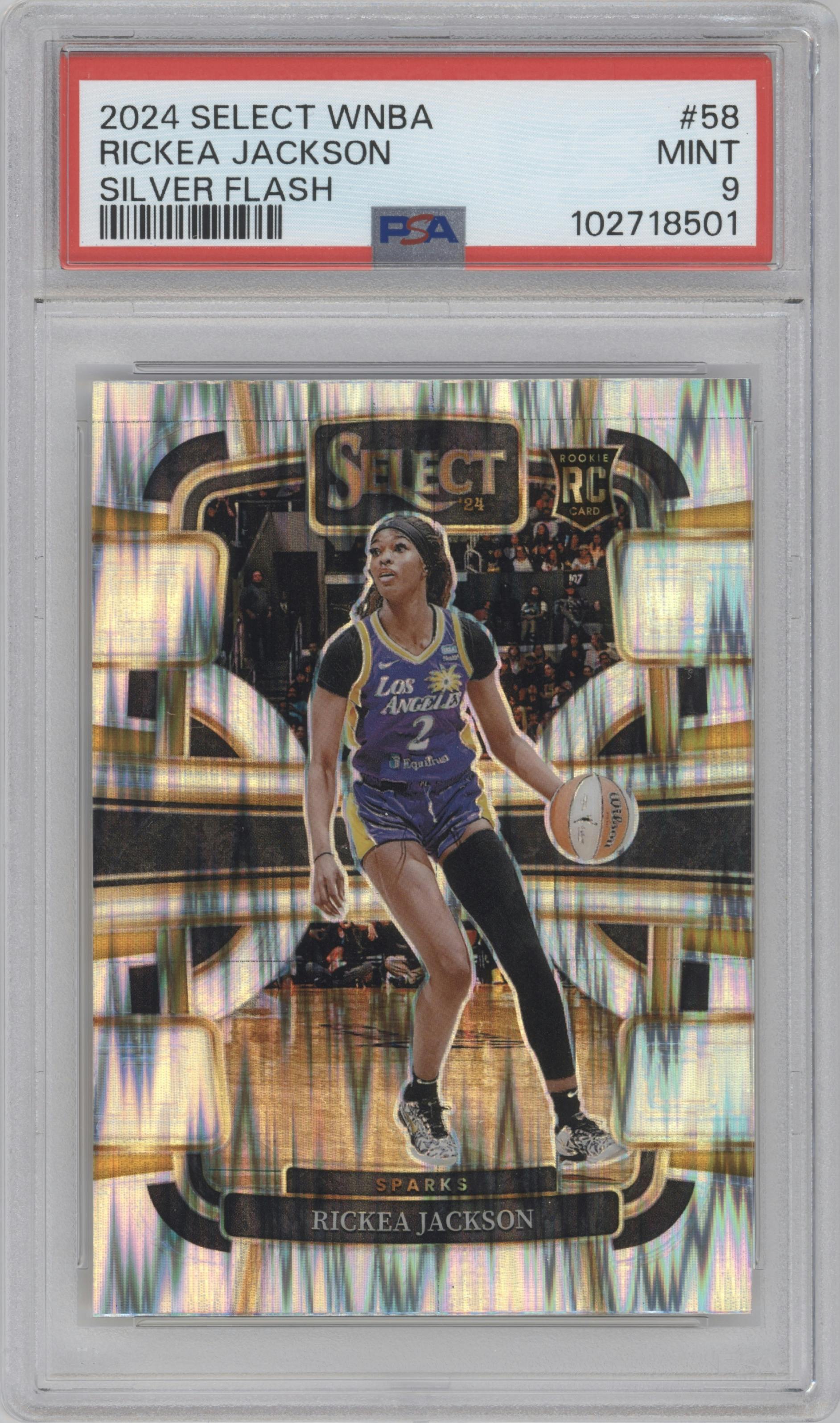 Rickea Jackson from the 2024 Panini Select WNBA set featuring a Silver Flash Prizm  parallel graded by PSA and given an overall grade of 9.