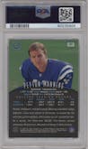 Peyton Manning from the 1998 Topps Finest set featuring a W/ Coating parallel graded by PSA and given an overall grade of 8.