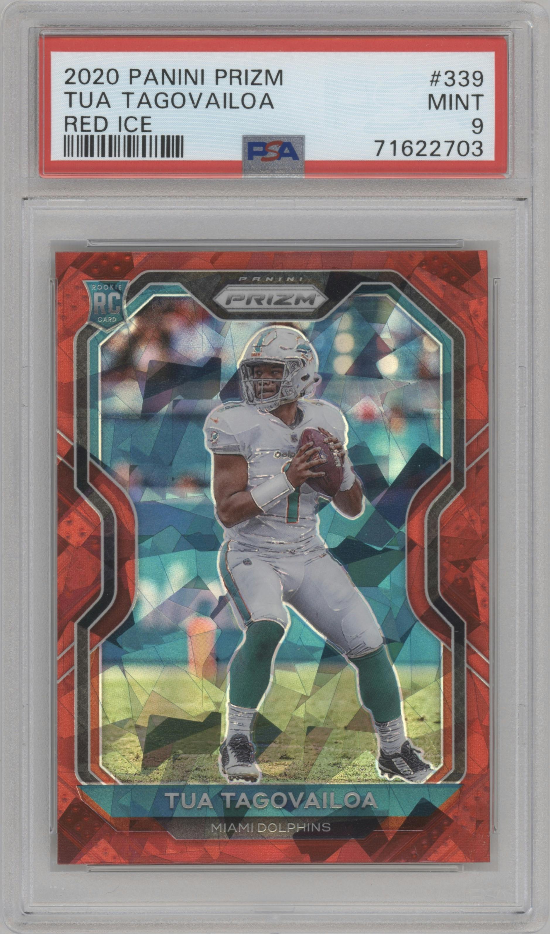 Tua Tagovailoa from the 2020 Panini Prizm set featuring a Red Ice Prizm parallel graded by PSA and given an overall grade of 9.