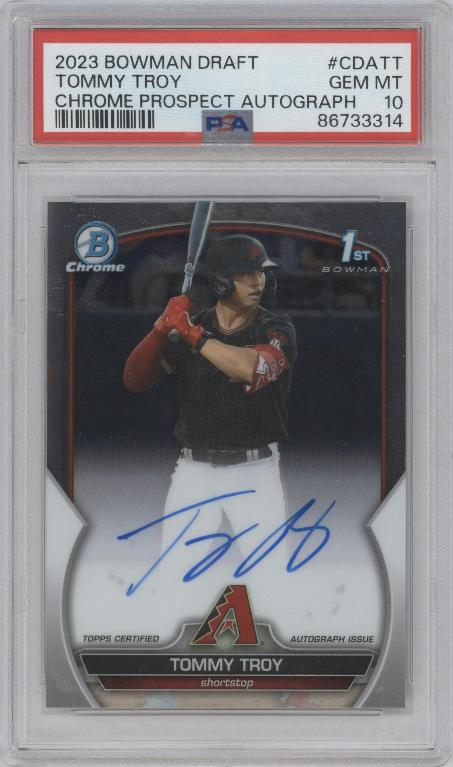 Tommy Troy from the 2023 Bowman Draft set graded by PSA and given an overall grade of 10.