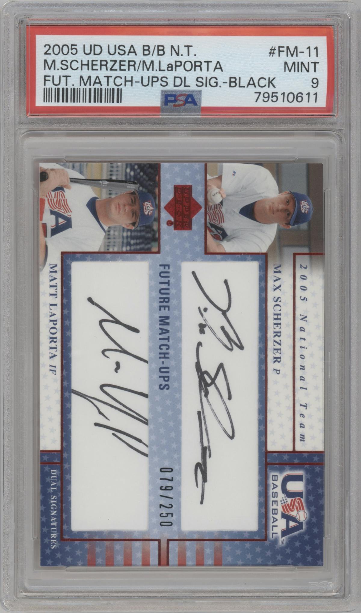 Max Scherzer/Matt LaPorta from the 2005 Upper Deck USA Baseball 2005 National Team set featuring a Black Ink parallel graded by PSA and given an overall grade of 9.
