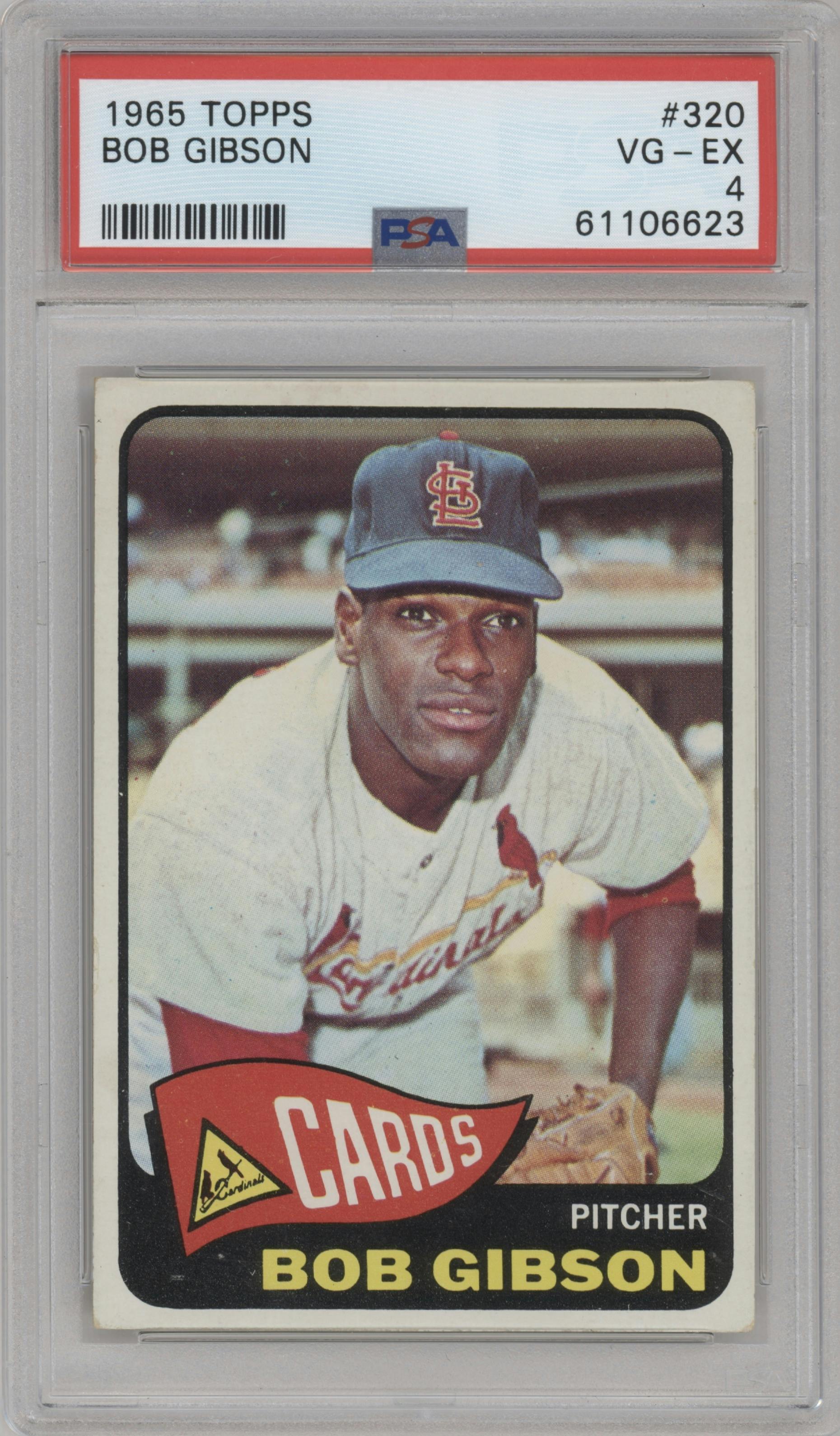 Bob Gibson from the 1965 Topps set graded by PSA and given an overall grade of 4.