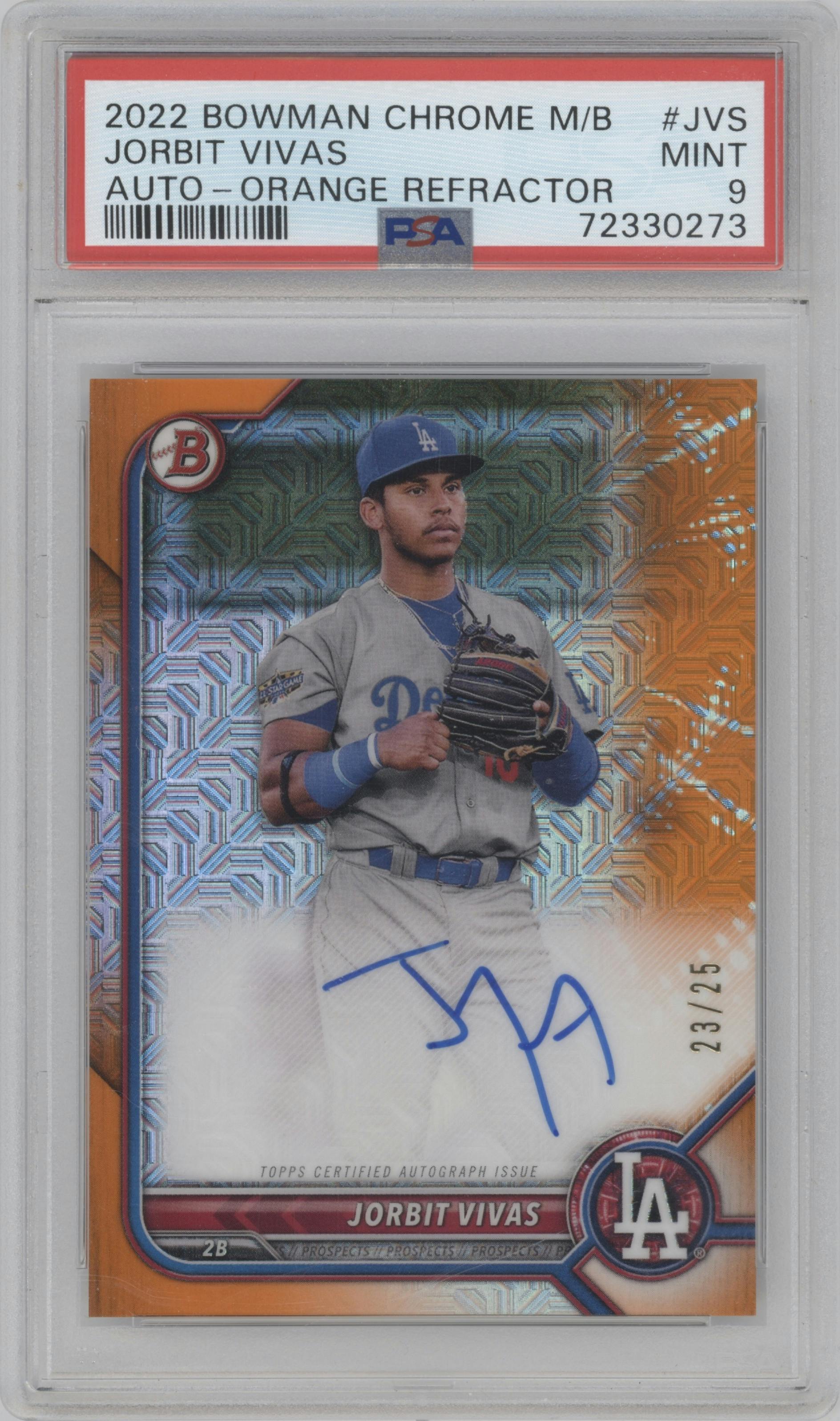 Jorbit Vivas from the 2022 Bowman Chrome Mega Box set featuring a Orange Ref. parallel graded by PSA and given an overall grade of 9.
