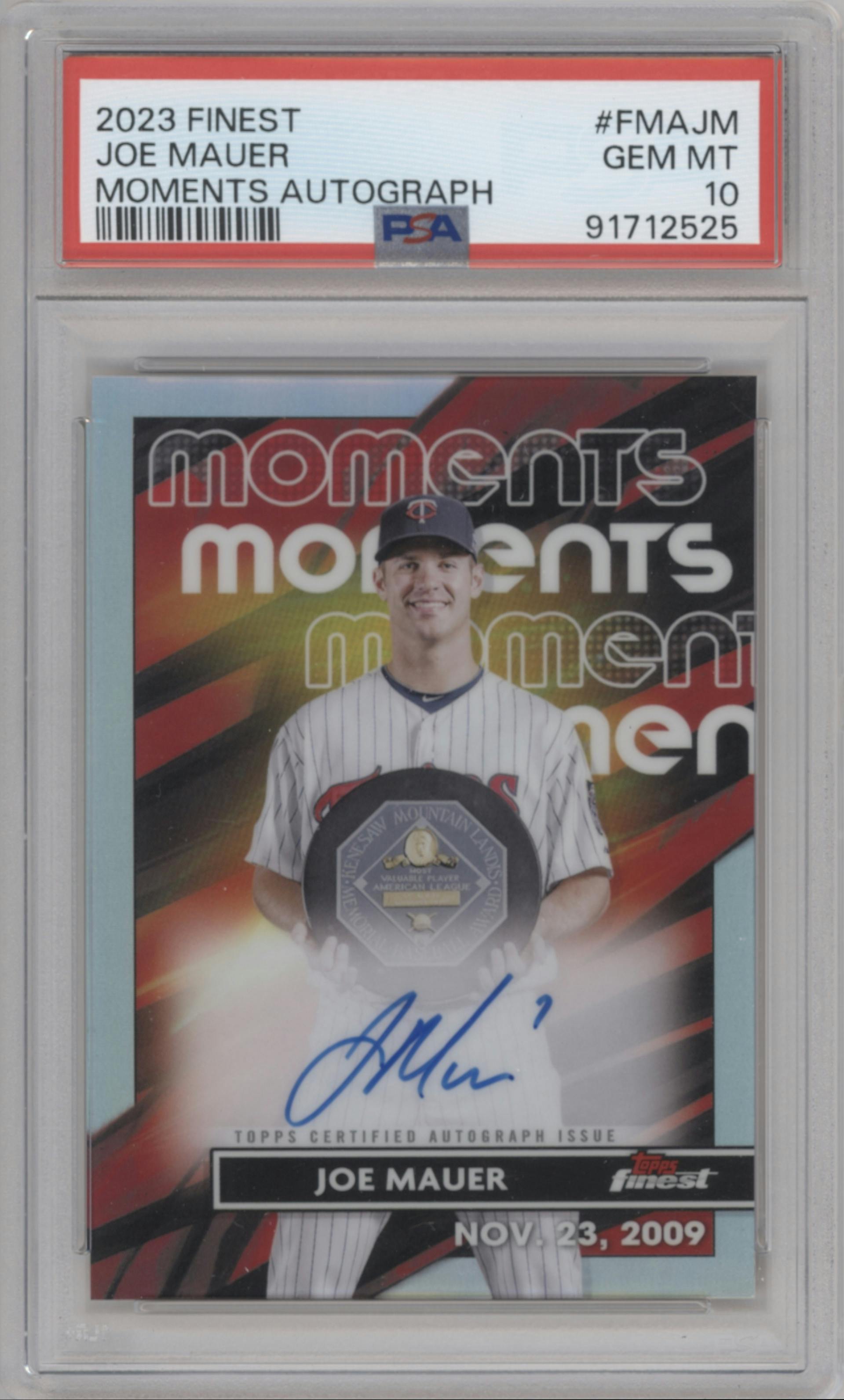 Joe Mauer from the 2023 Topps Finest set graded by PSA and given an overall grade of 10.