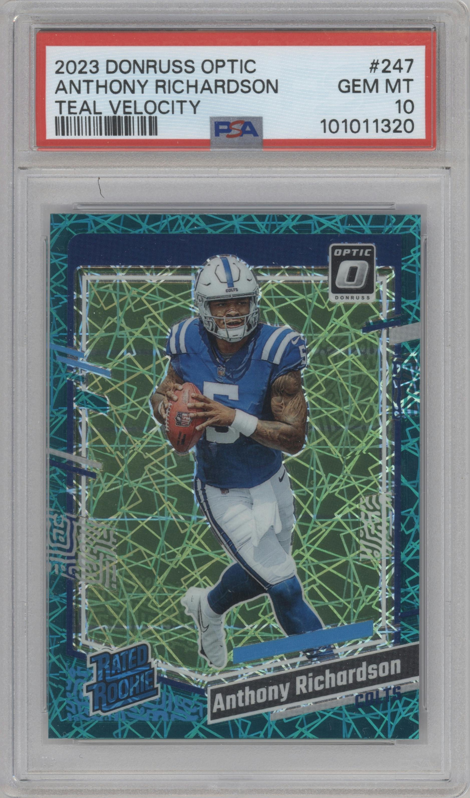 Anthony Richardson from the 2023 Donruss Optic set featuring a Teal Velocity parallel graded by PSA and given an overall grade of 10.