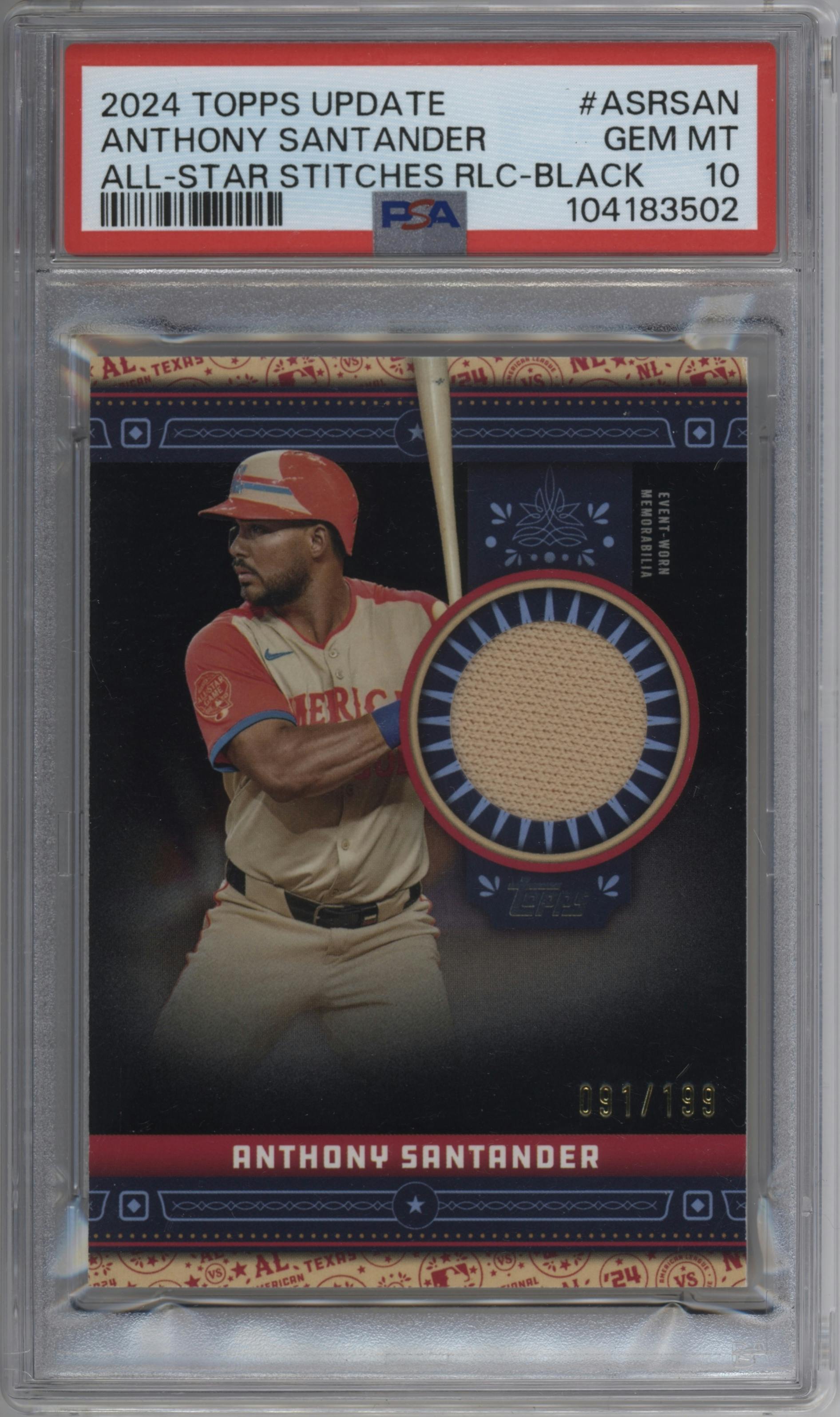 Anthony Santander from the 2024 Topps Update set featuring a Black parallel graded by PSA and given an overall grade of 10.