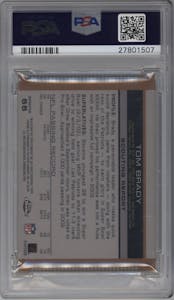 Tom Brady from the 2003 Topps Draft Picks & Prospects set featuring a Gold Refractor parallel graded by PSA and given an overall grade of 8.