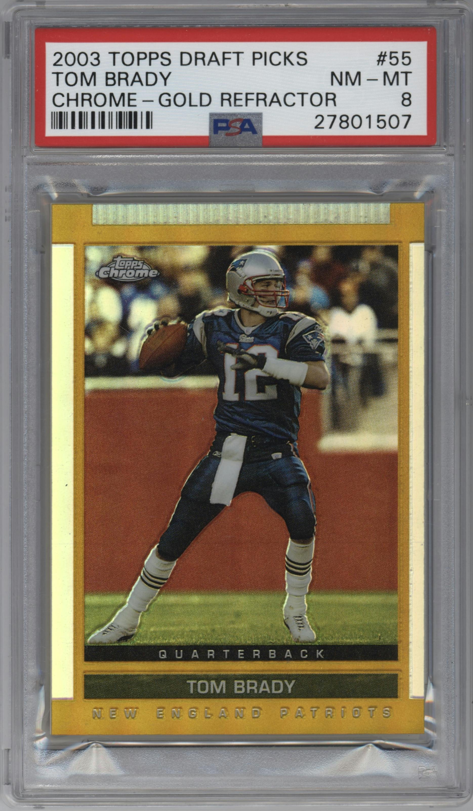 Tom Brady from the 2003 Topps Draft Picks & Prospects set featuring a Gold Refractor parallel graded by PSA and given an overall grade of 8.