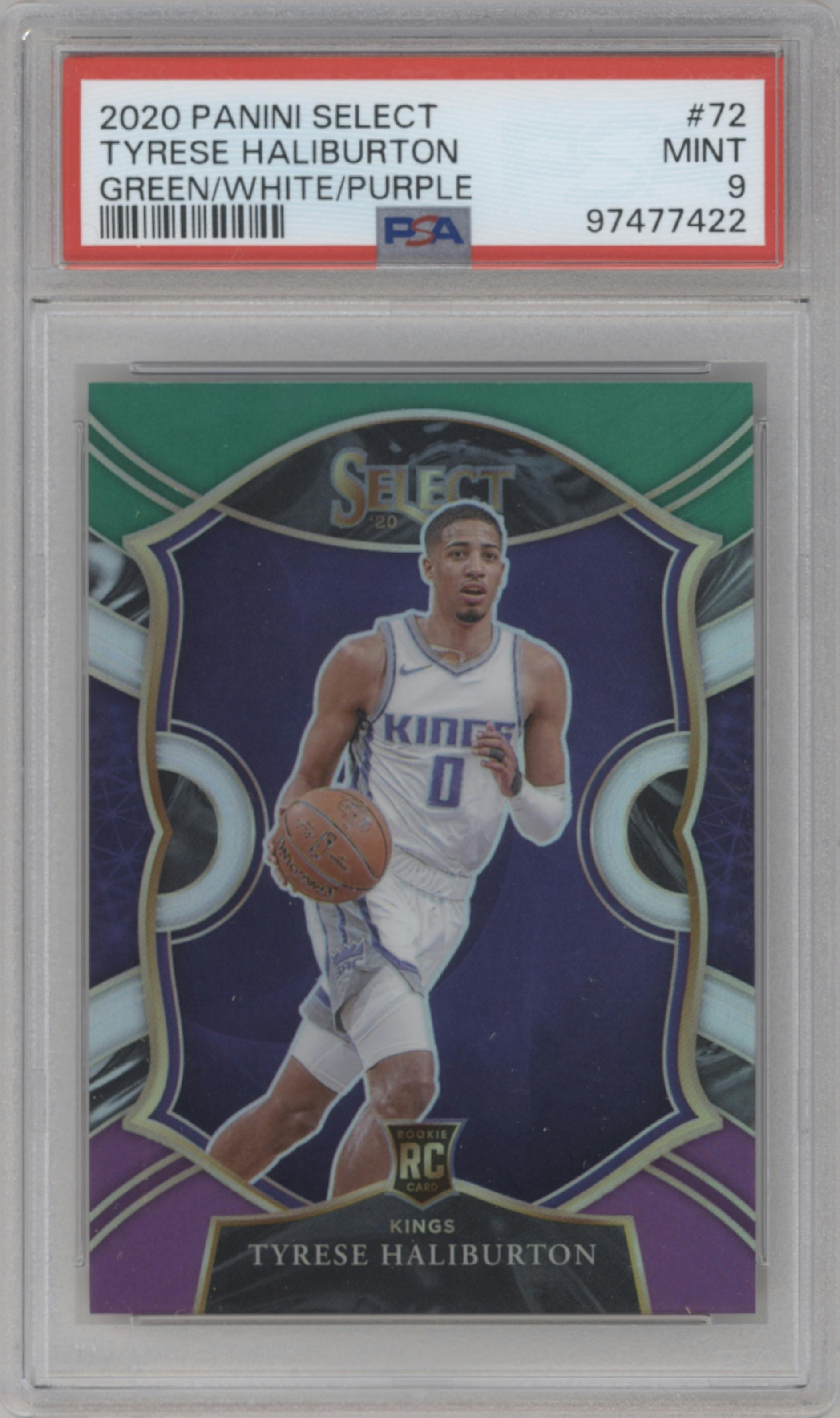 Tyrese Haliburton from the 2020-21 Panini Select  set featuring a Green/White/Purple Prizm  parallel graded by PSA and given an overall grade of 9.
