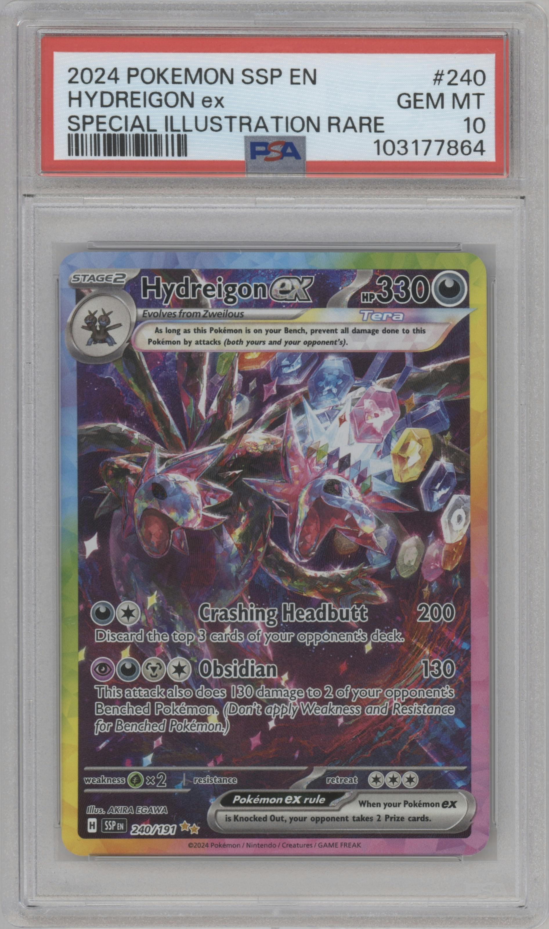 Hydreigon ex from the 2024 Pokemon SV set graded by PSA and given an overall grade of 10.