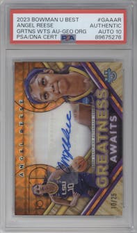 Angel Reese  from the 2023-24 Bowman Best University set featuring a Geometric Orange Refractor parallel graded by PSA and given an overall grade of 0.