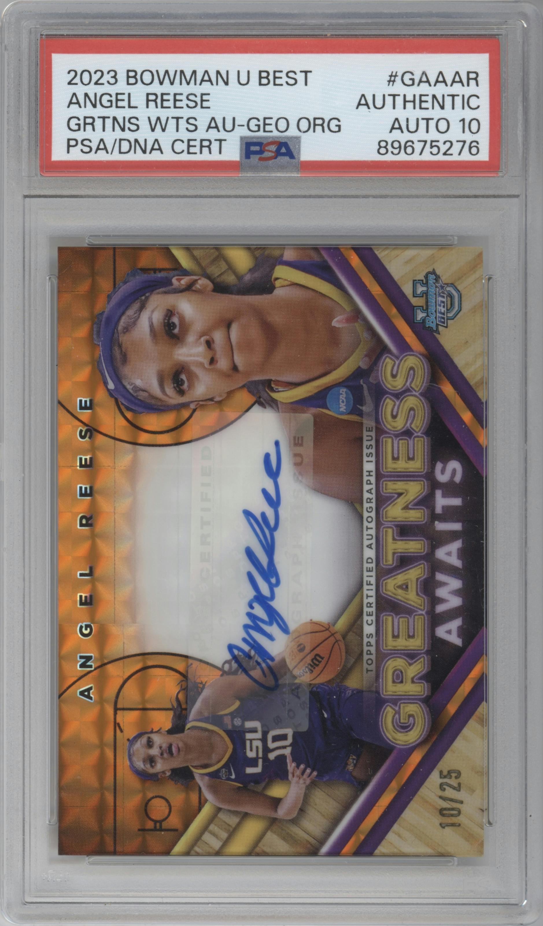 Angel Reese  from the 2023-24 Bowman Best University set featuring a Geometric Orange Refractor parallel graded by PSA.