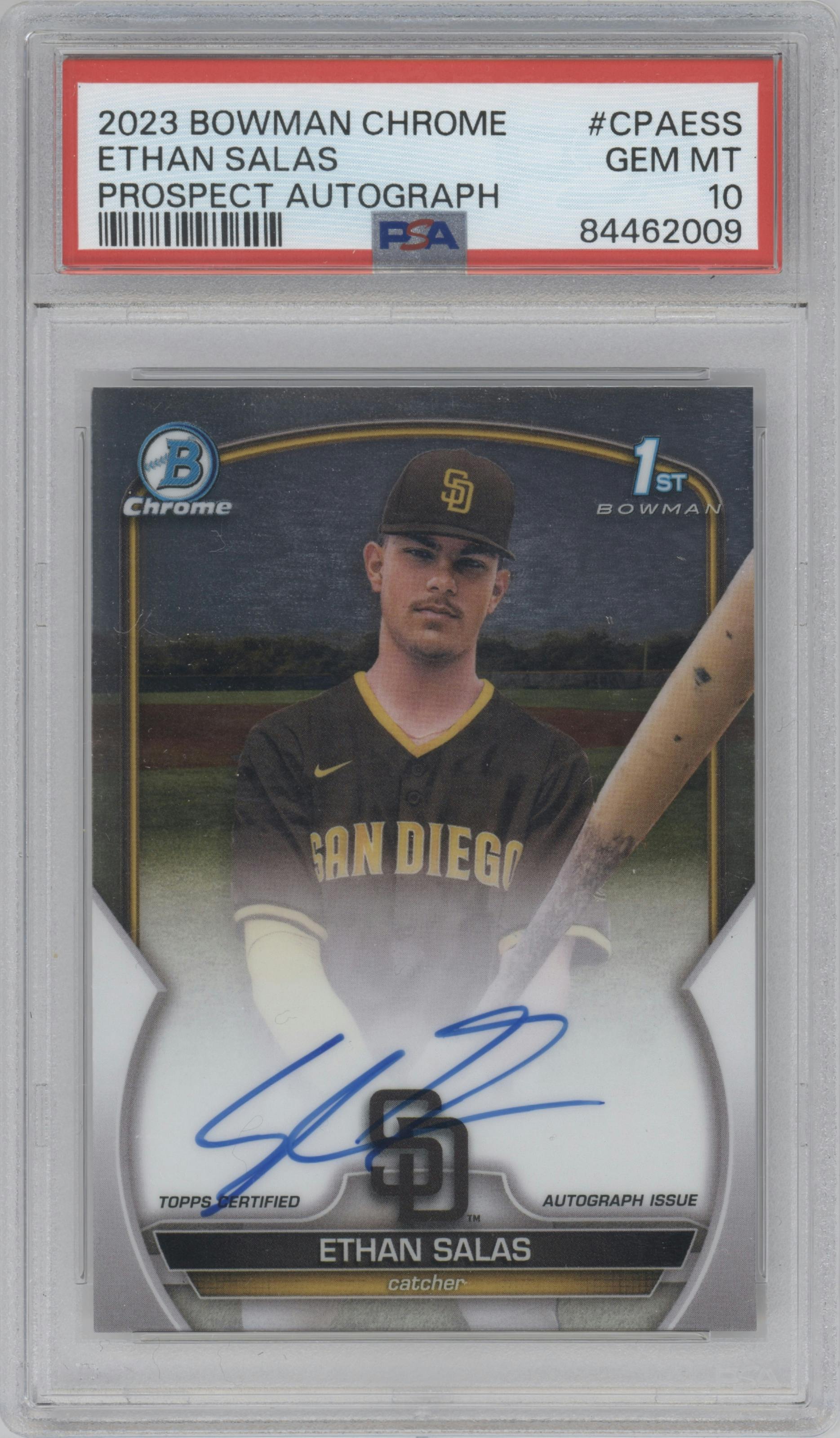 Ethan Salas from the 2023 Bowman Chrome set graded by PSA and given an overall grade of 10.
