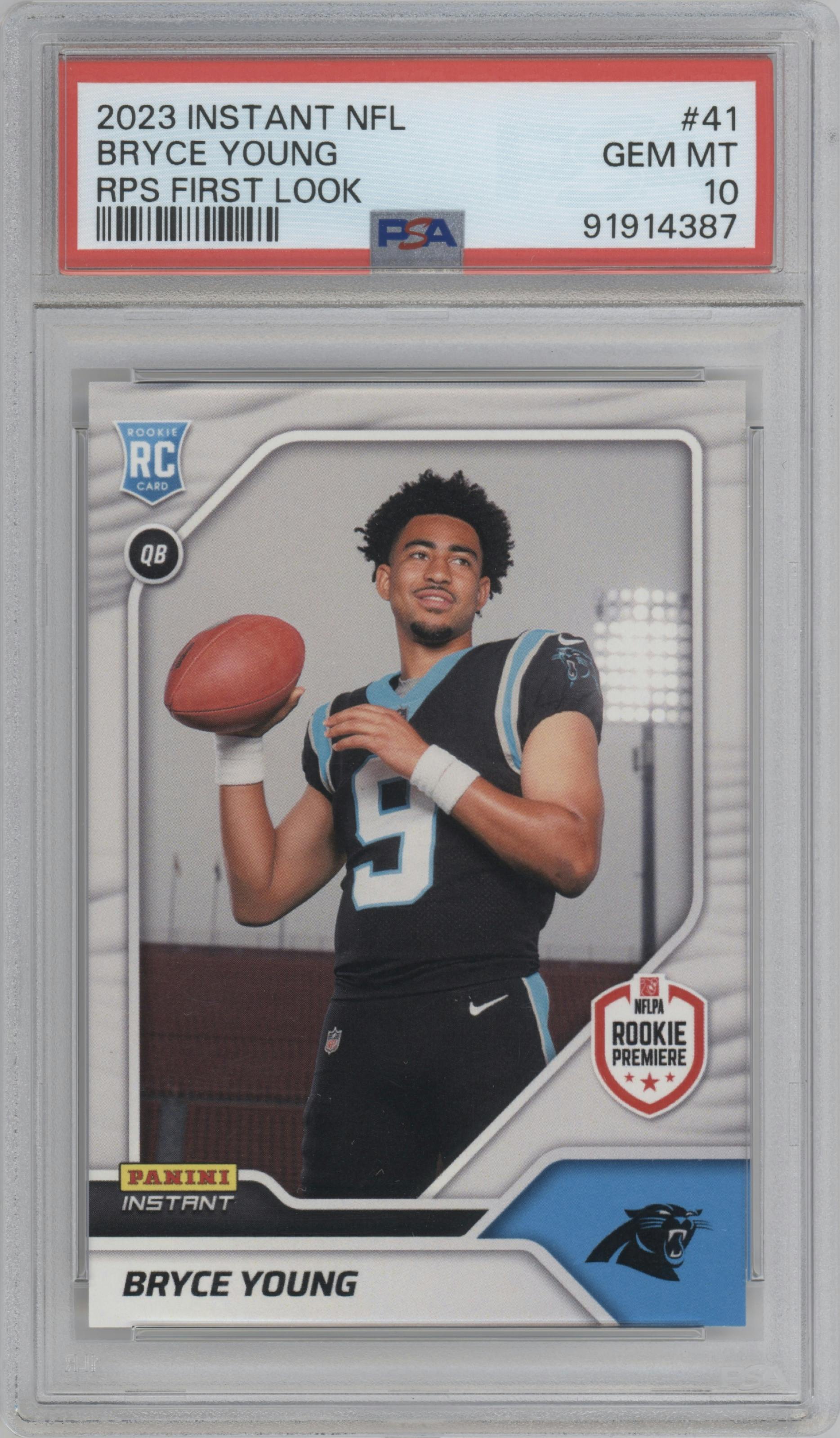 Bryce Young from the 2023 Panini NFL Instant RPS First Look set graded by PSA and given an overall grade of 10.