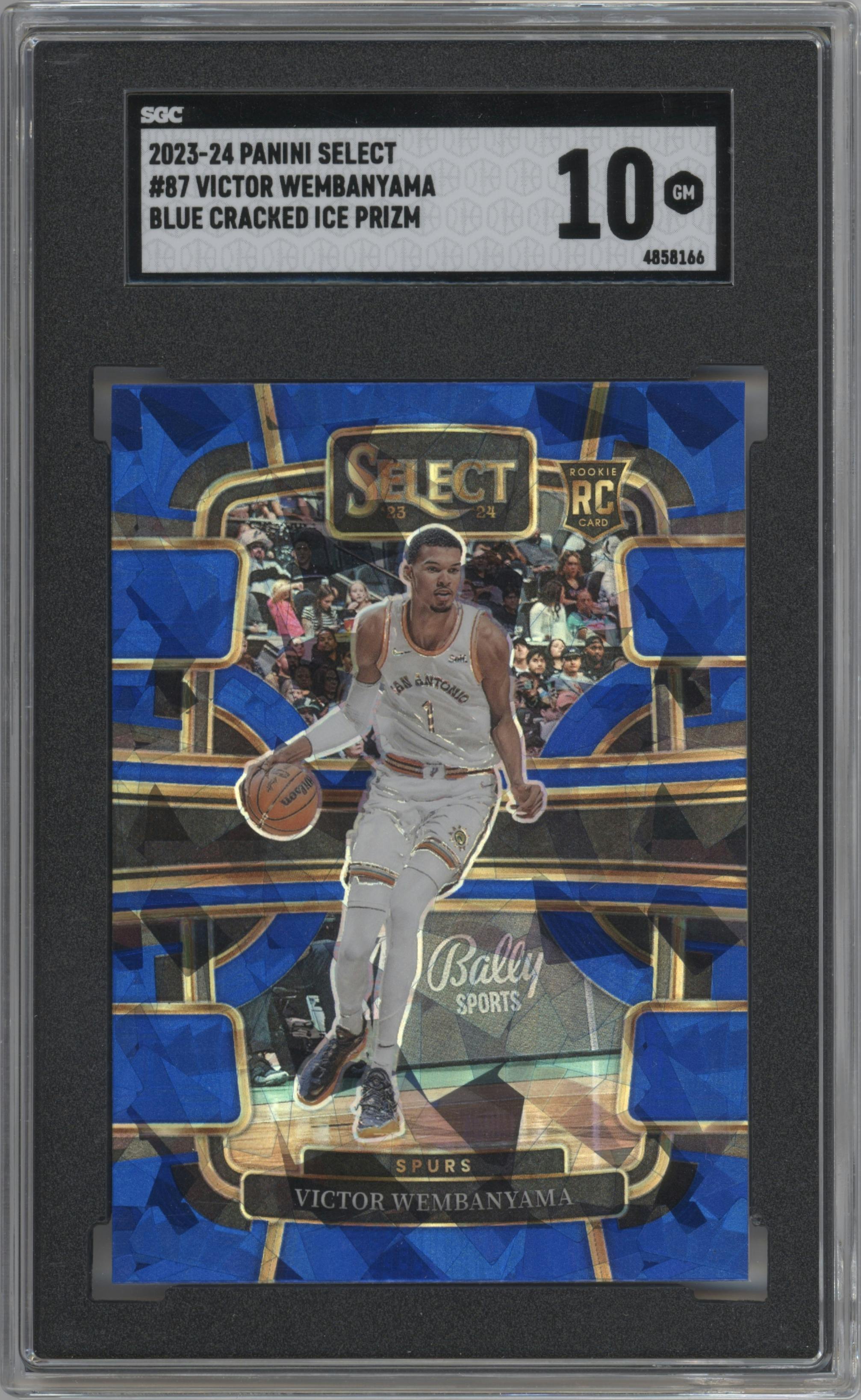 Victor Wembanyama from the 2023-24 Panini Select  set featuring a Blue Cracked Ice parallel graded by SGC and given an overall grade of 10.