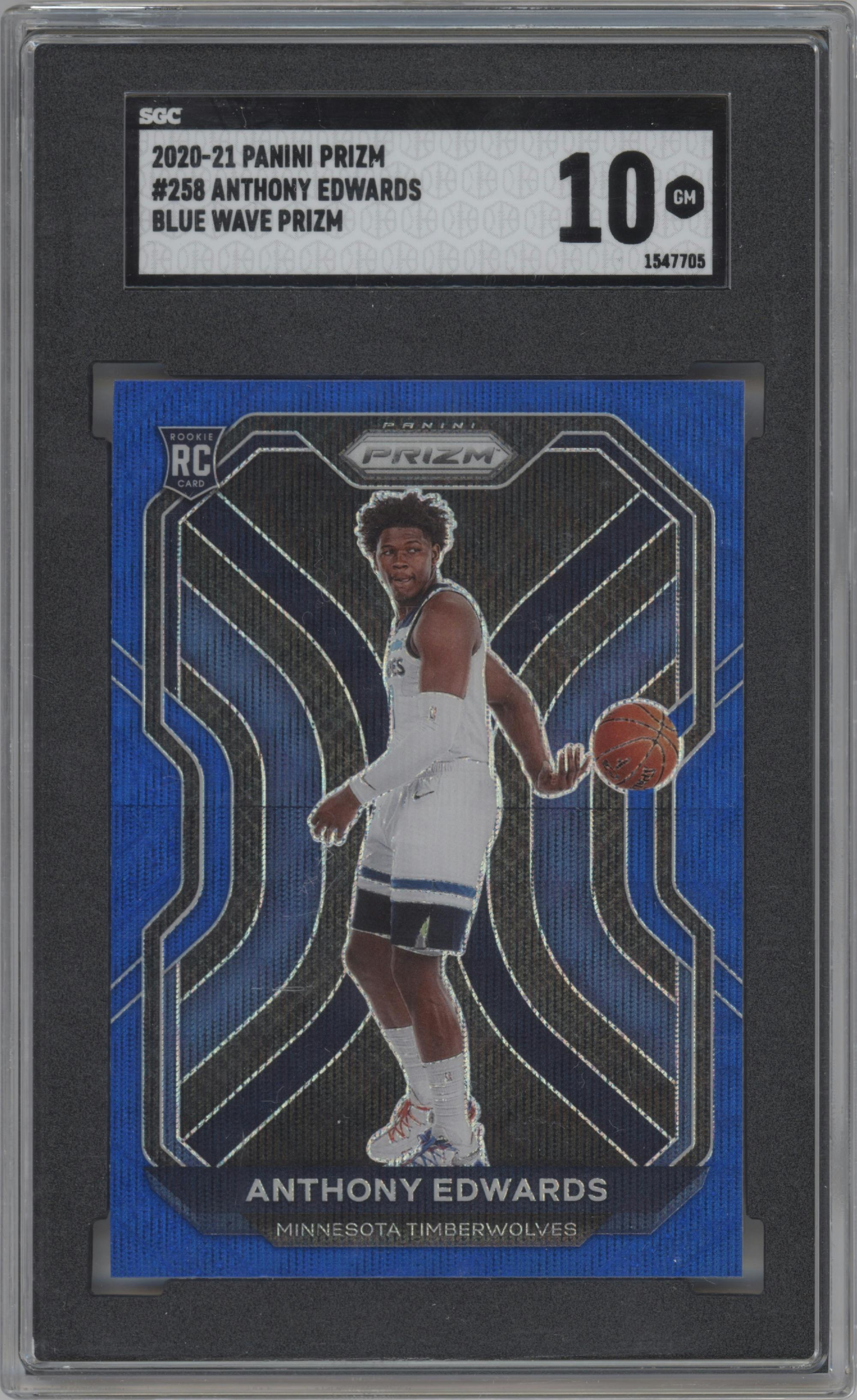 Anthony Edwards from the 2020-21 Panini Prizm set featuring a Blue Wave parallel graded by SGC and given an overall grade of 10.