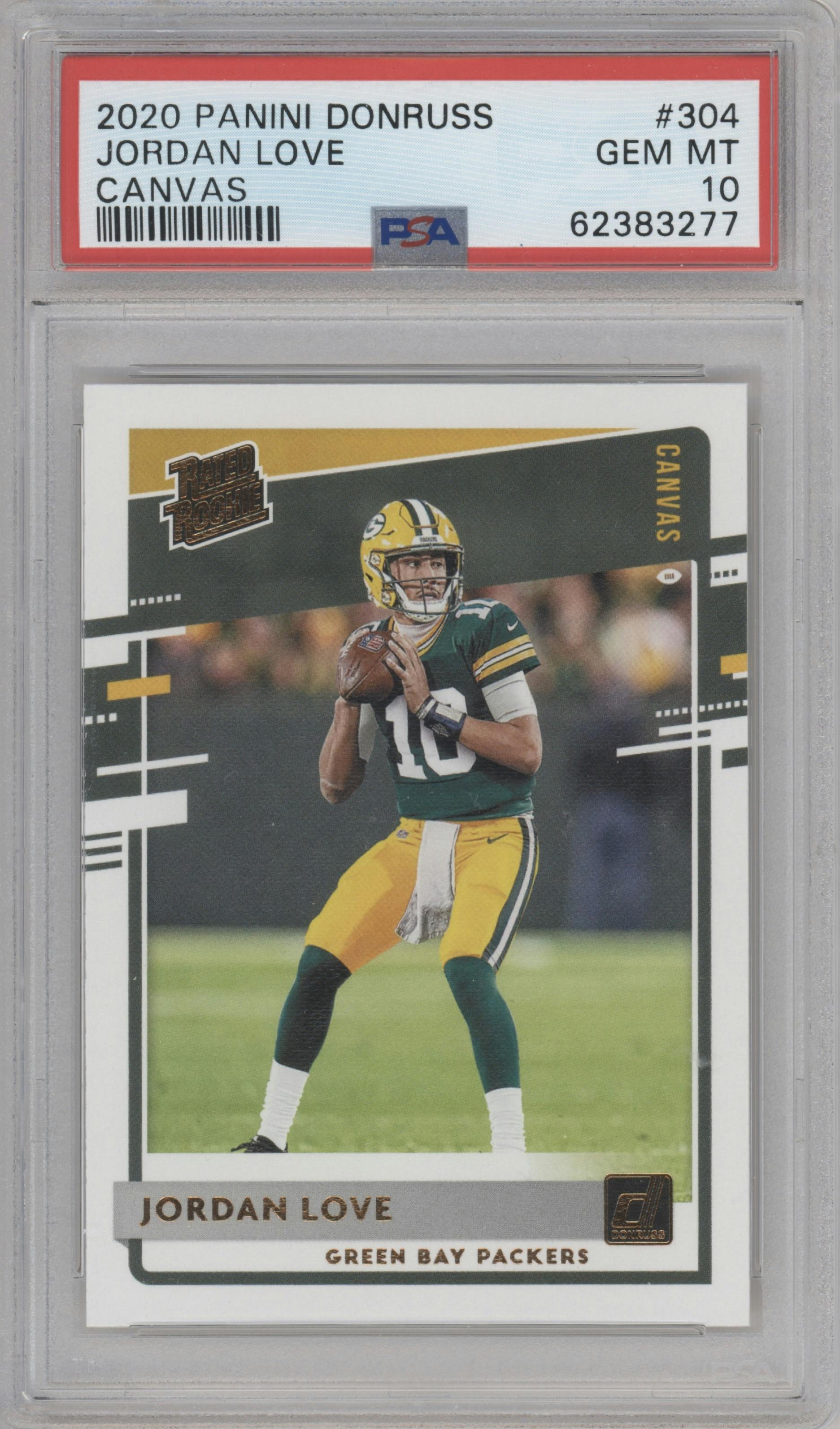 Jordan Love from the 2020 Panini Donruss set featuring a Canvas parallel graded by PSA and given an overall grade of 10.