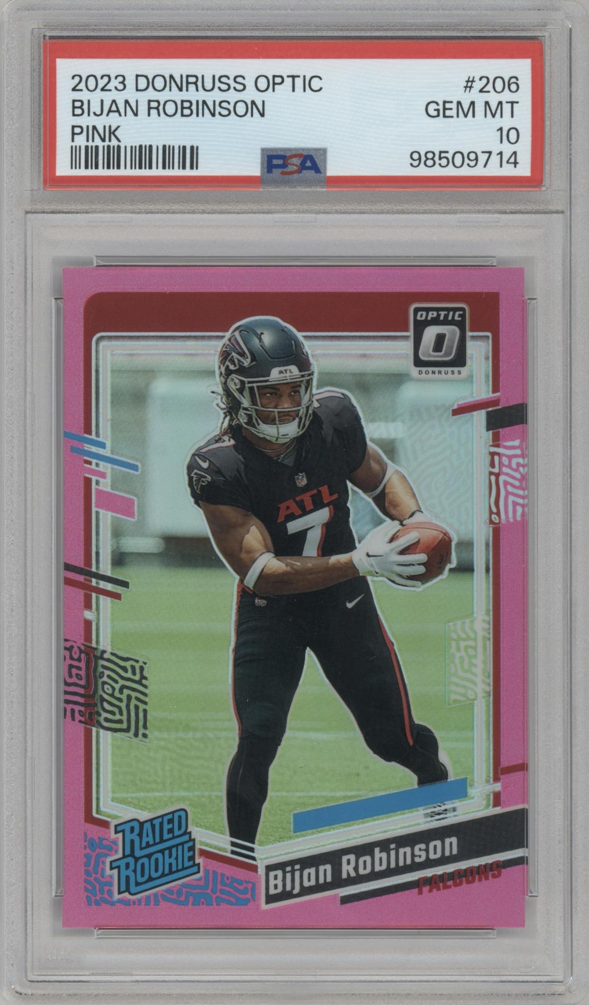 Bijan Robinson from the 2023 Donruss Optic set featuring a Pink parallel graded by PSA and given an overall grade of 10.