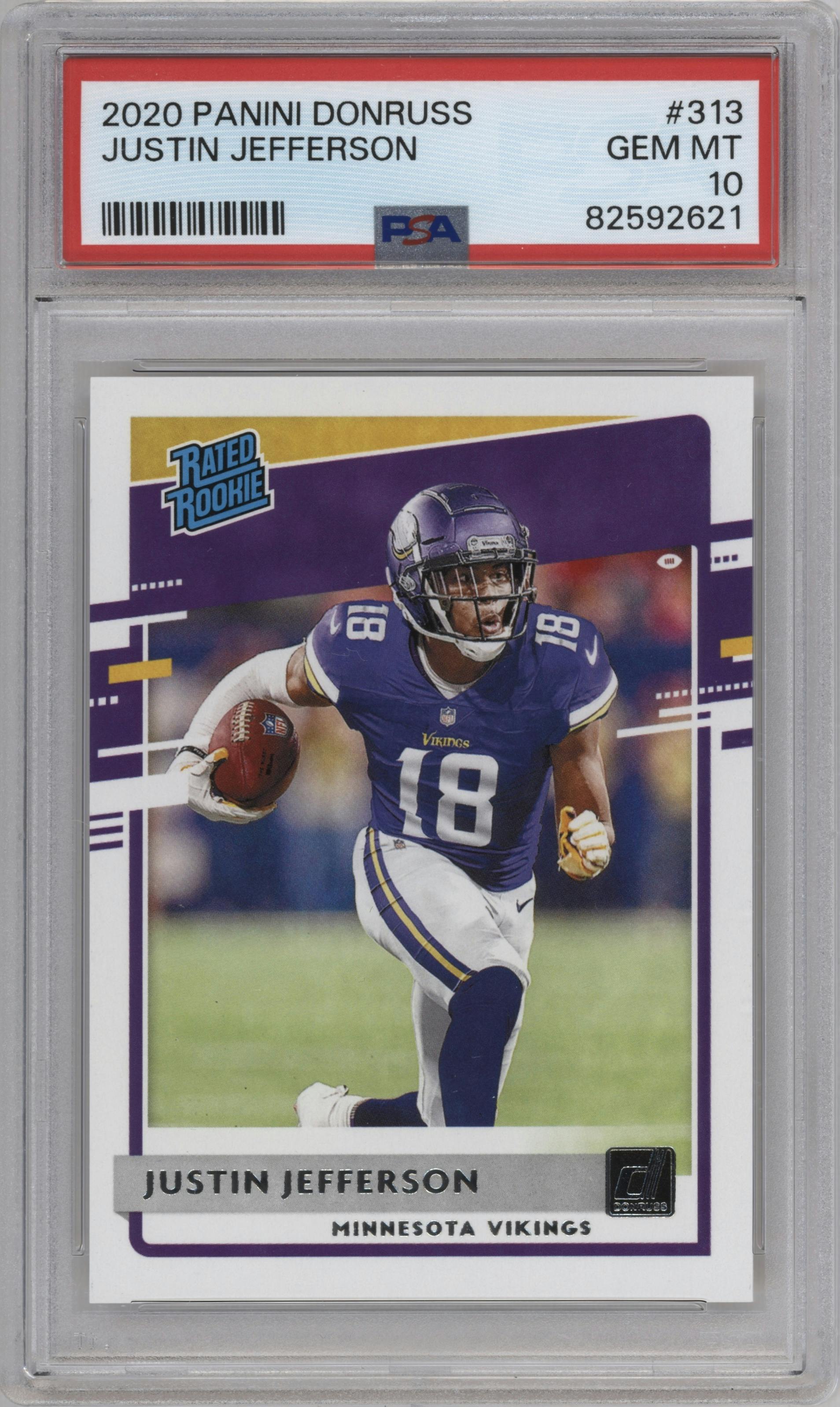Justin Jefferson from the 2020 Panini Donruss set graded by PSA and given an overall grade of 10.