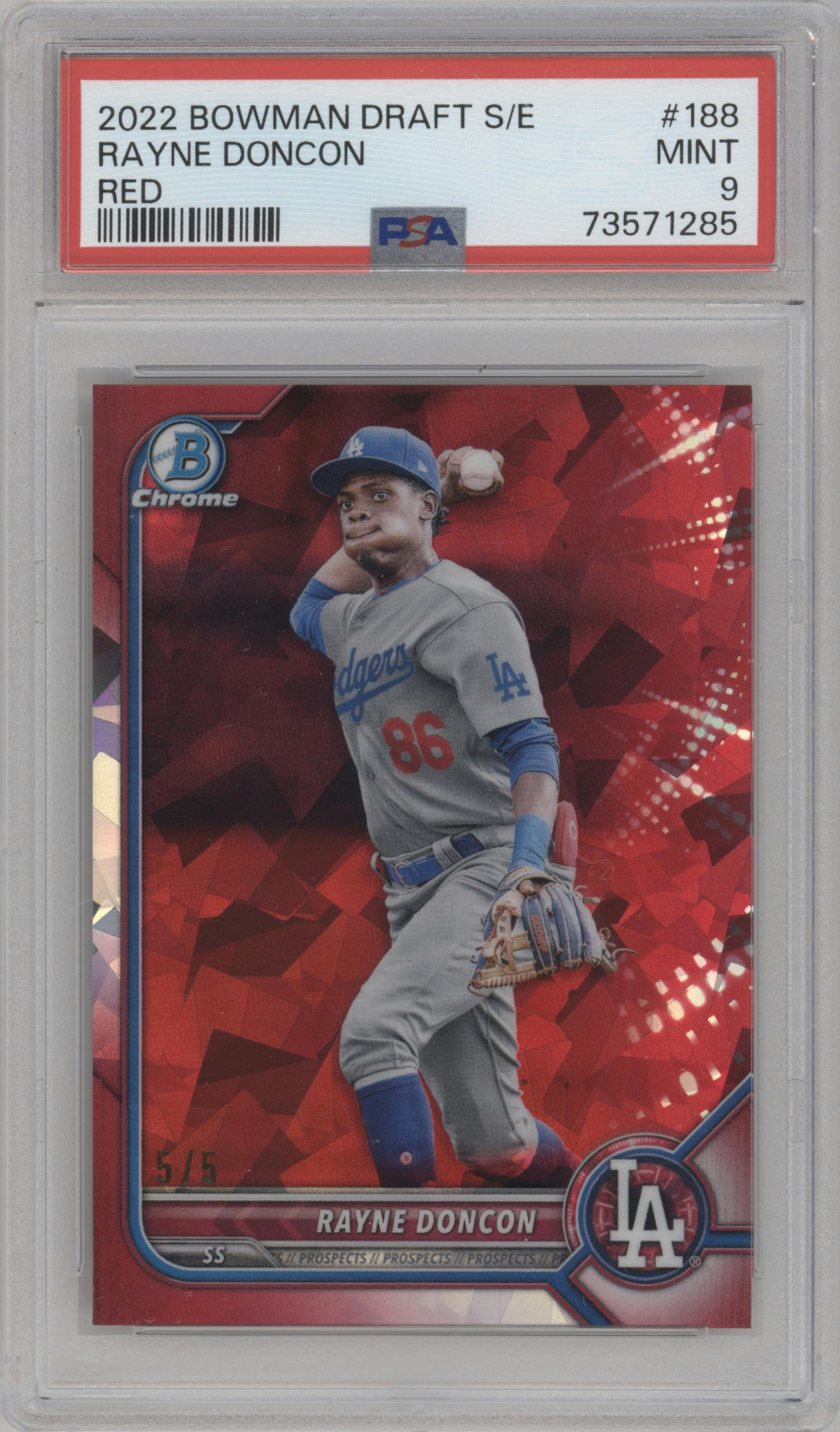Rayne Doncon from the 2022 Bowman Draft Sapphire Edition set featuring a Red parallel graded by PSA and given an overall grade of 9.