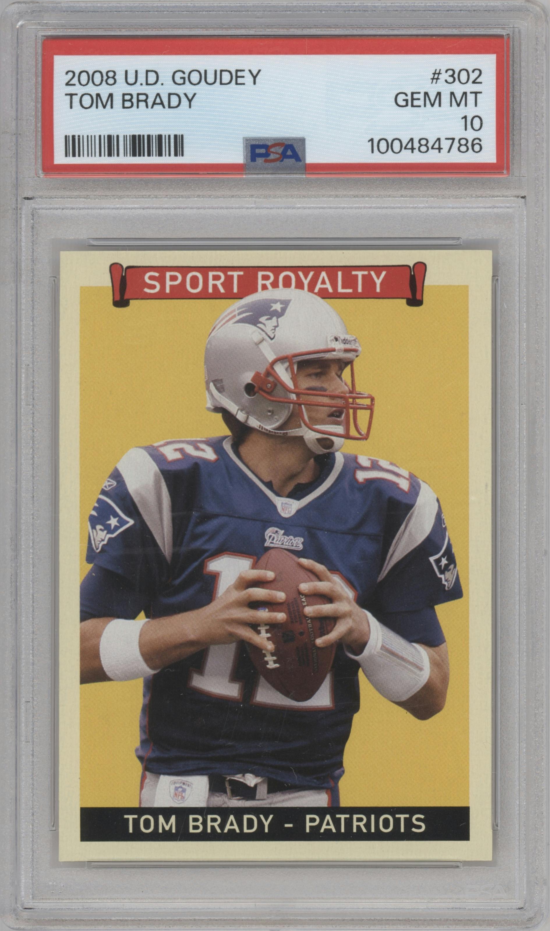 Tom Brady from the 2008 Upper Deck Goudey set graded by PSA and given an overall grade of 10.
