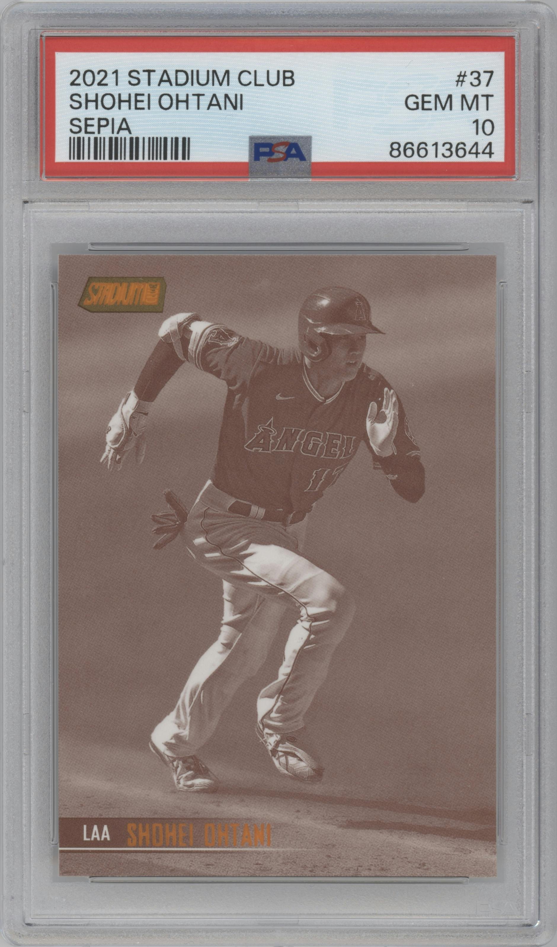 Shohei Ohtani from the 2021 Topps Stadium Club set featuring a Sepia parallel graded by PSA and given an overall grade of 10.
