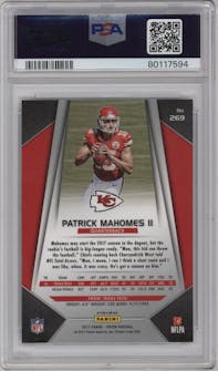 Patrick Mahomes II from the 2017 Panini Prizm set featuring a Disco parallel graded by PSA and given an overall grade of 10.